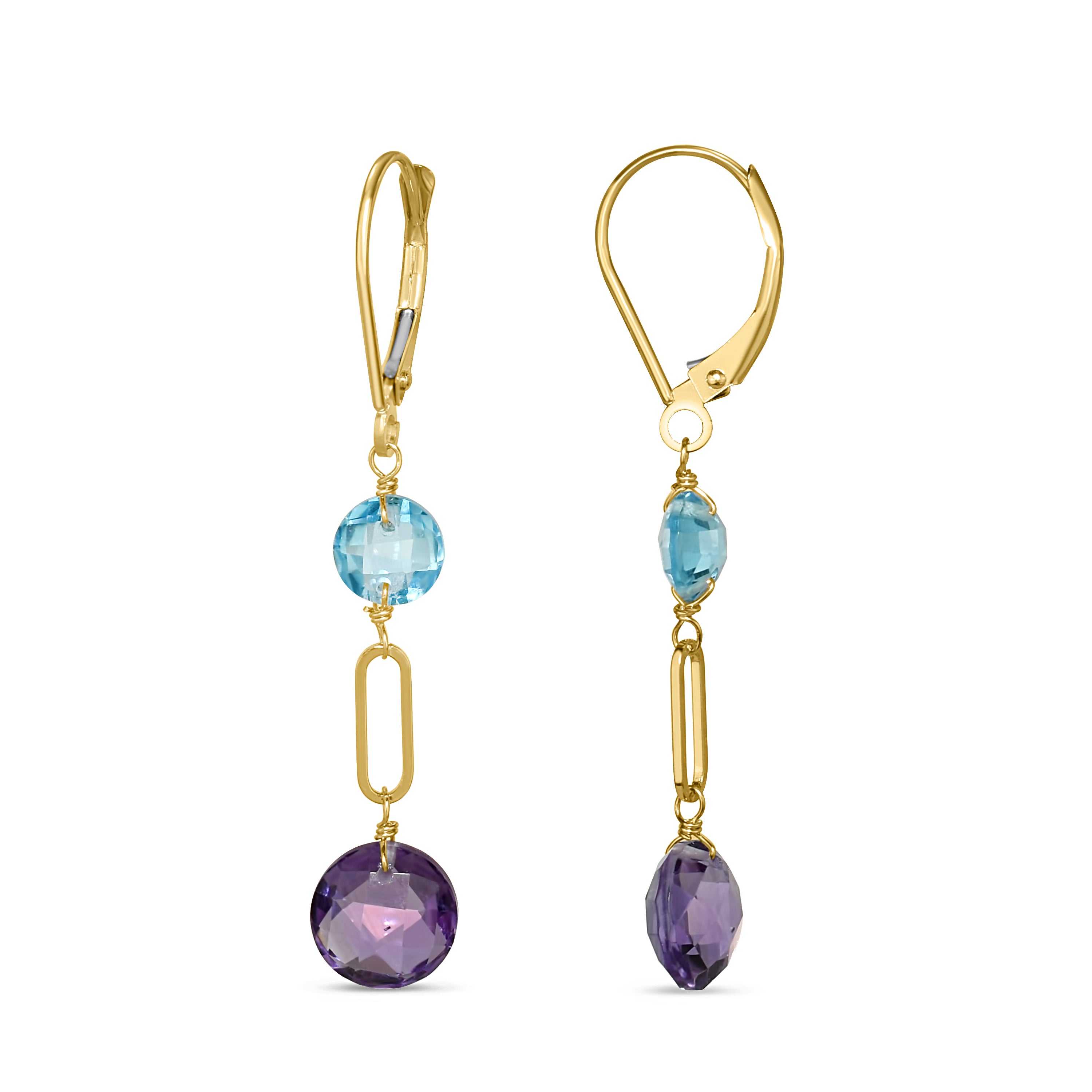 14k Gemstones Coin Shape  Leverback Earring Swiss Blue Topaz & Amethyst