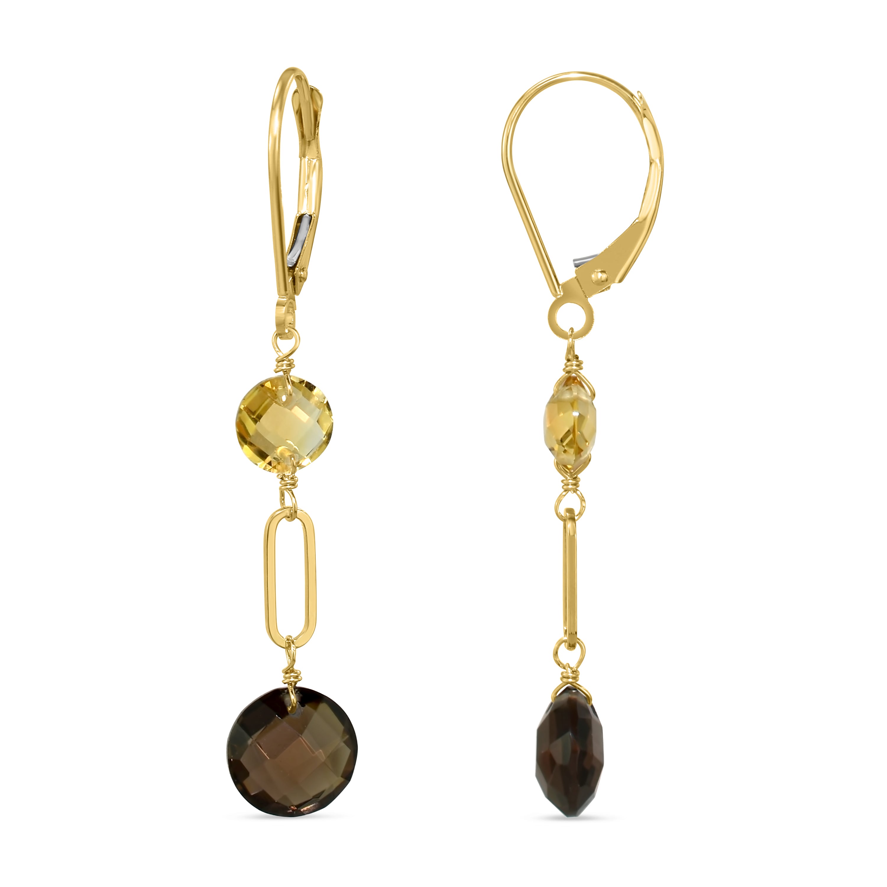 14k Gemstones Coin Shape  Leverback Earring Citrine & Smoky Quartz