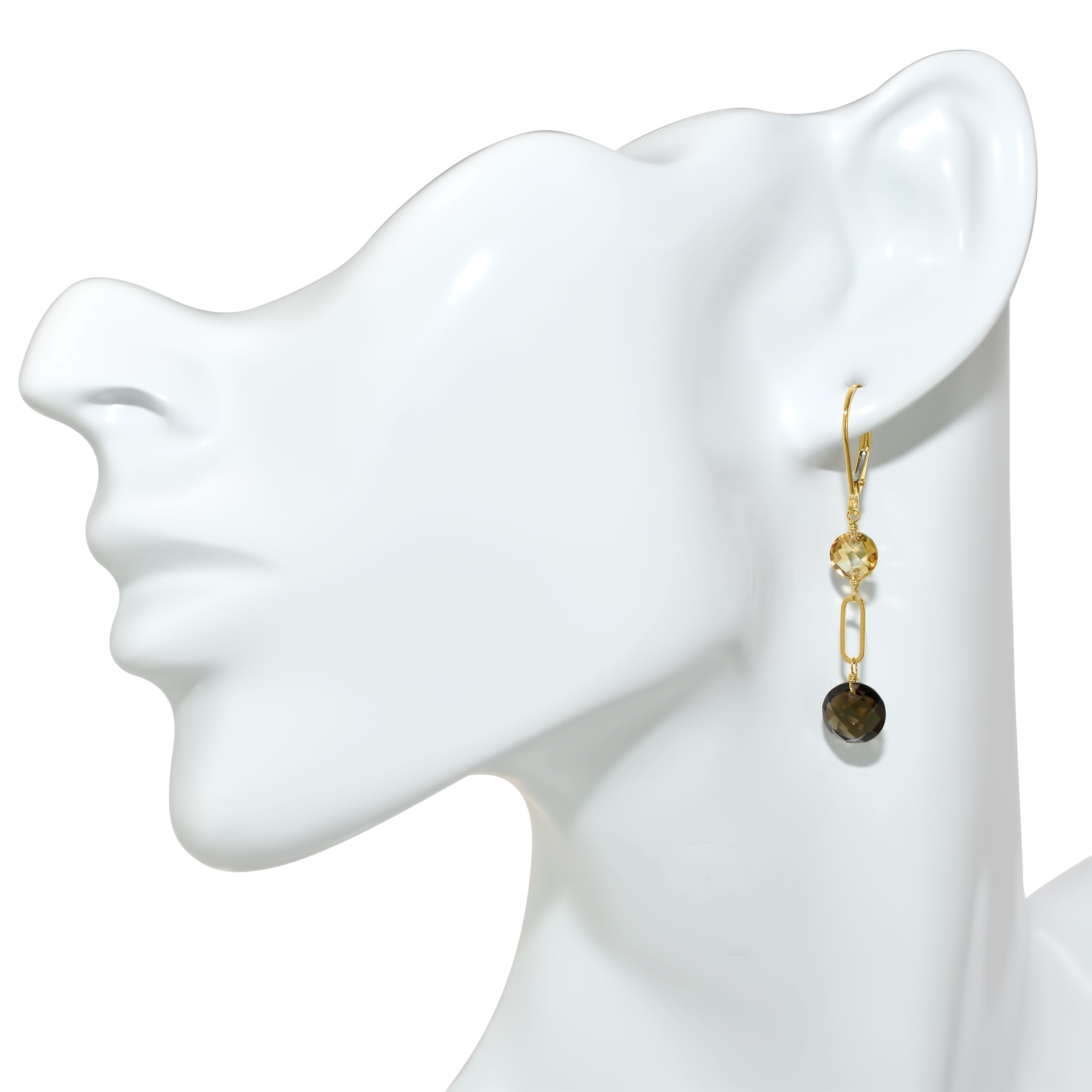 14k Gemstones Coin Shape  Leverback Earring Citrine & Smoky Quartz