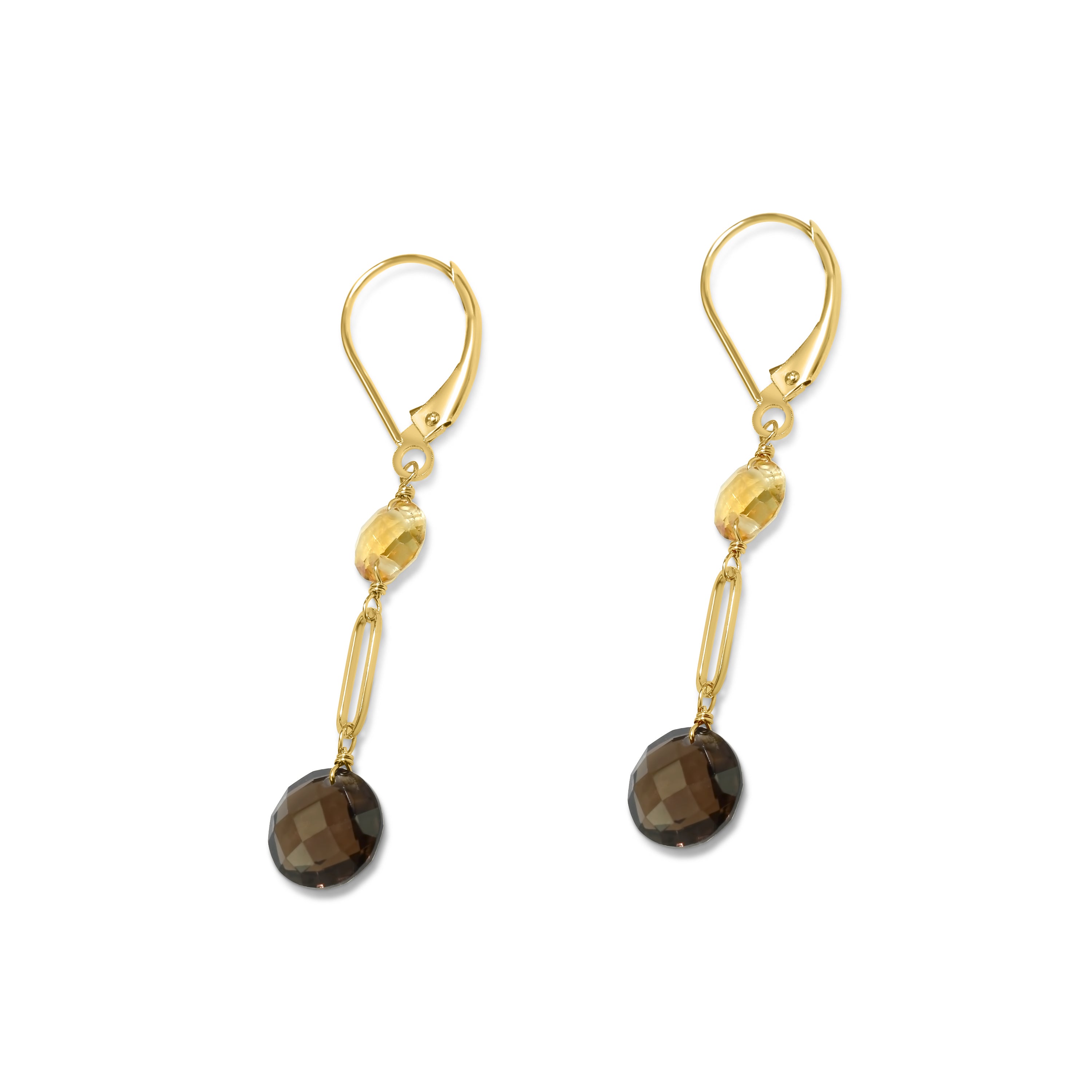 14k Gemstones Coin Shape  Leverback Earring Citrine & Smoky Quartz