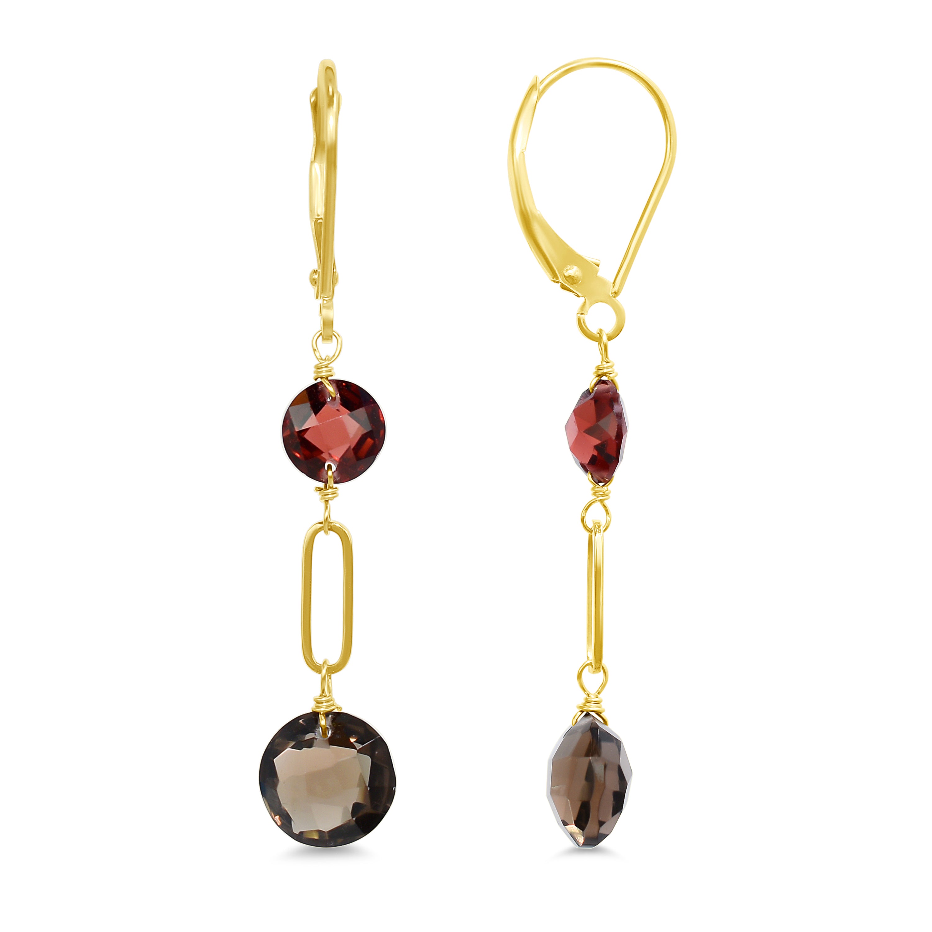 14k Garnet Smoky Quartz Coin Leverback Earring