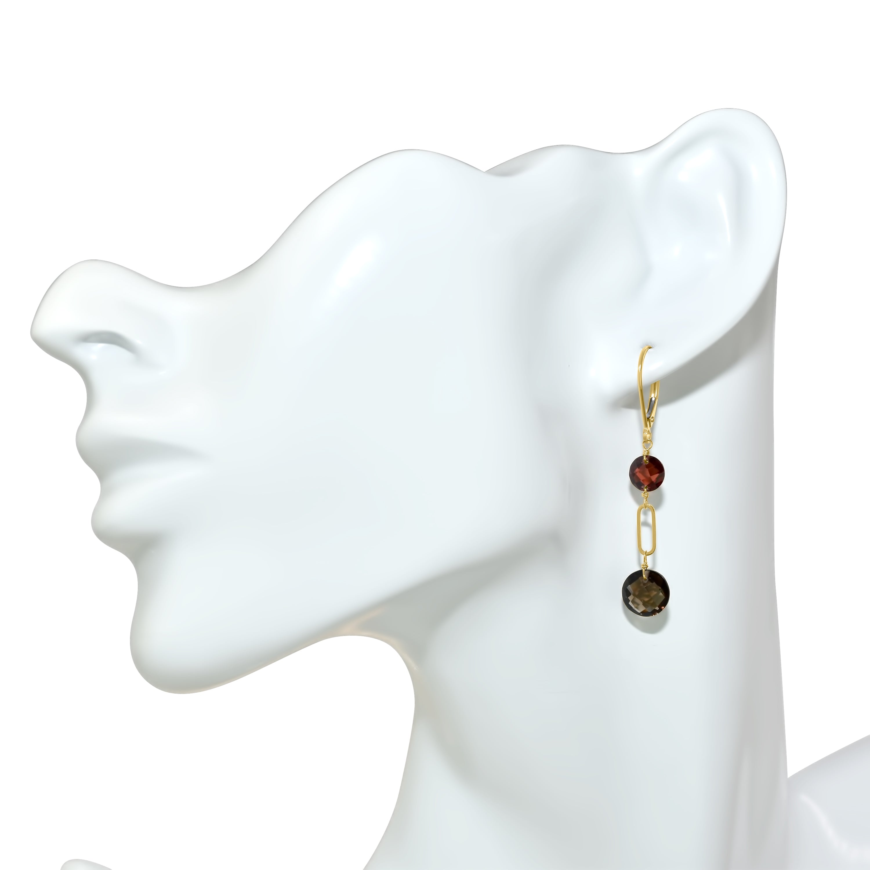 14k Garnet Smoky Quartz Coin Leverback Earring