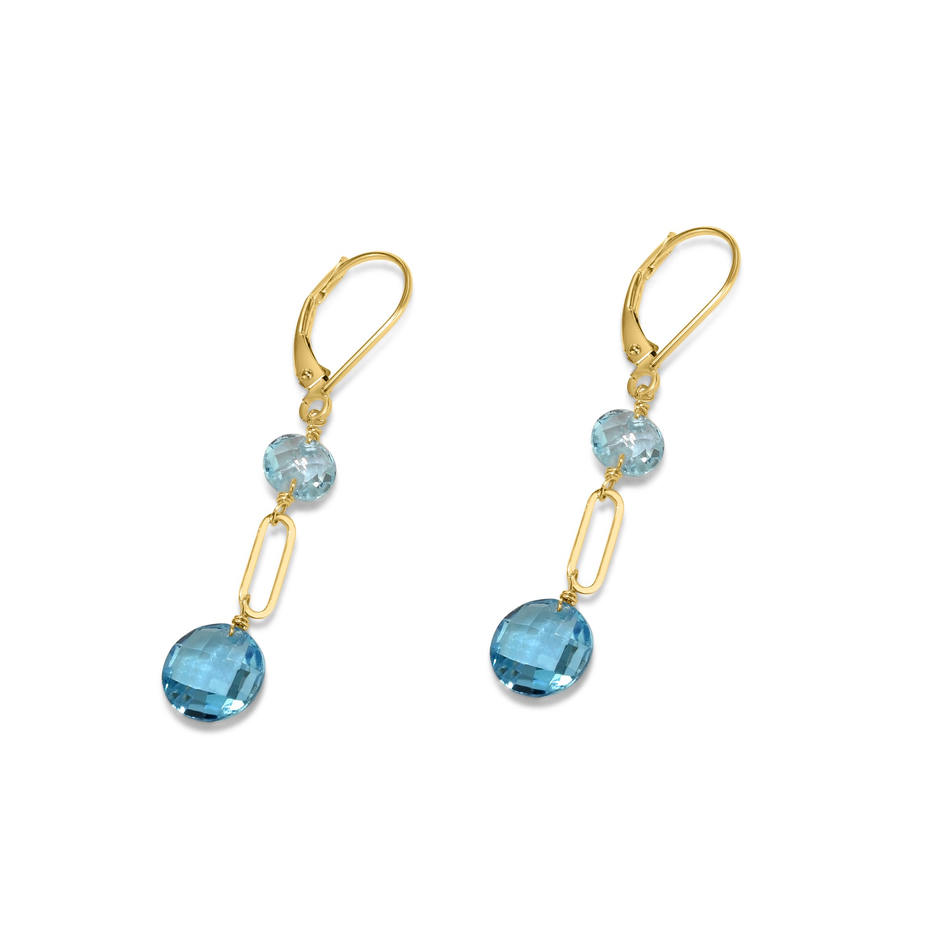 14k Sky/Swiss Blue Topaz Coin Dangle Leverback Earring