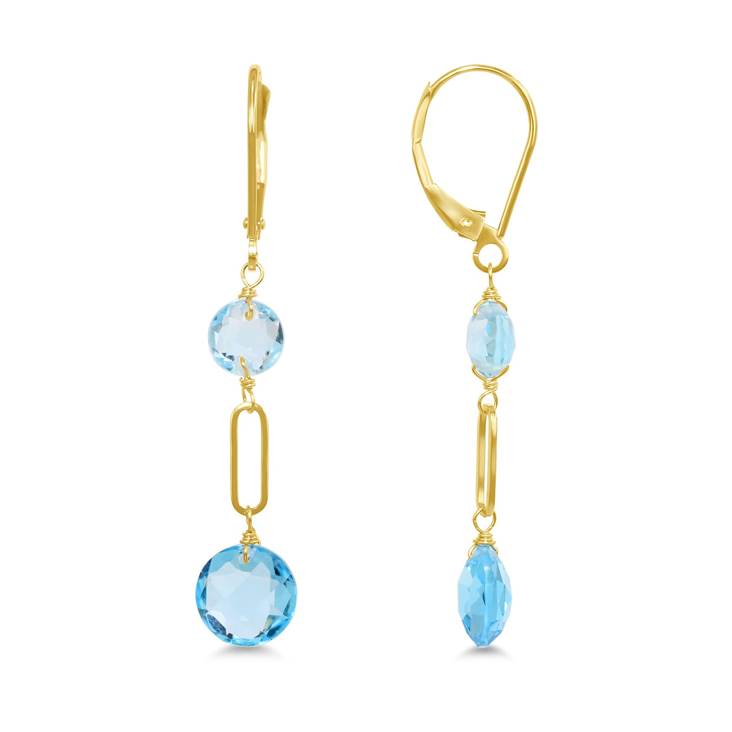 14k Sky/Swiss Blue Topaz Coin Dangle Leverback Earring