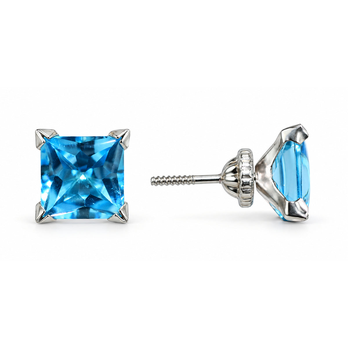14k Swiss Blue Topaz Square Screw Back Earring