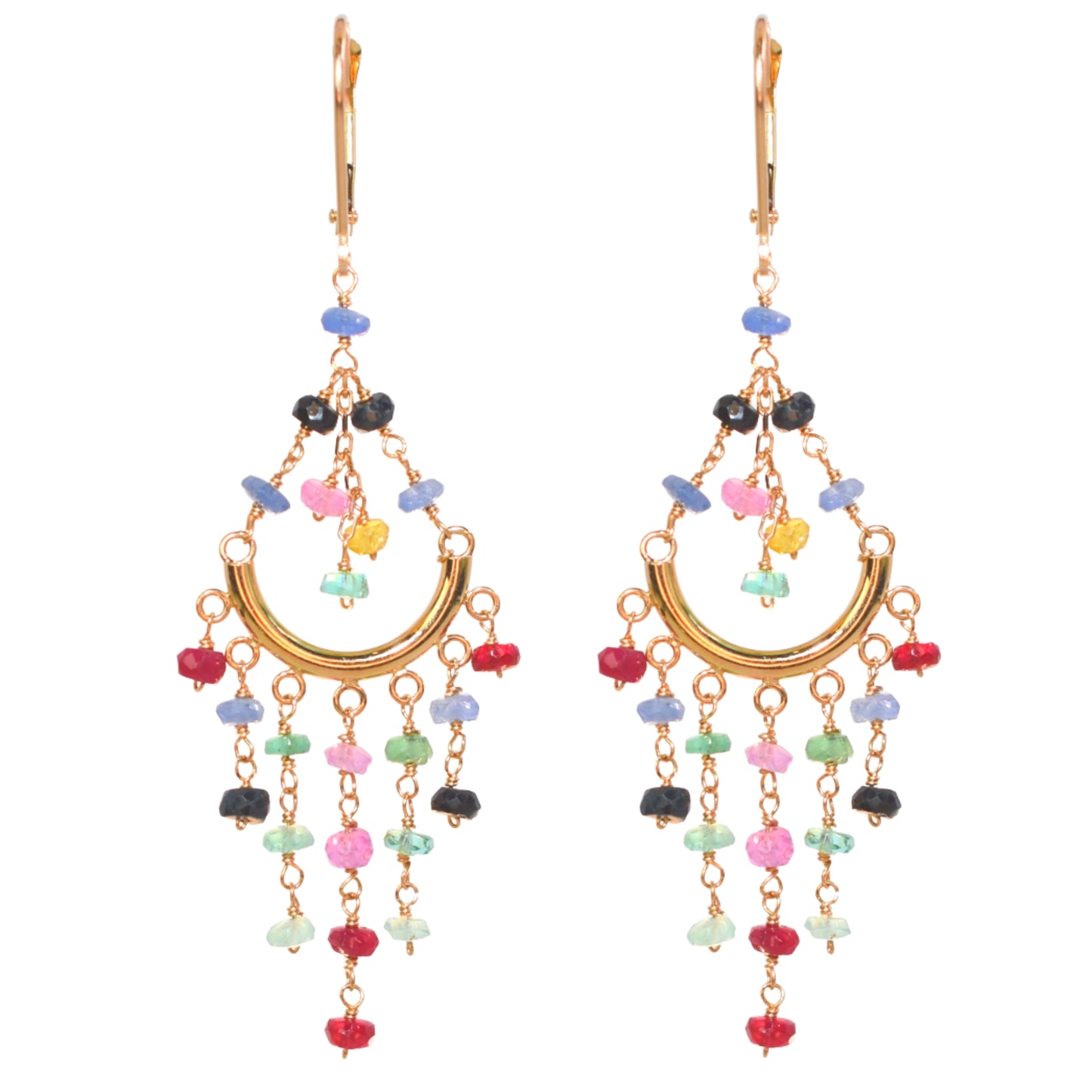 14k Multi Precious Stones Chandelier Leverback Earring Multi Gemstone