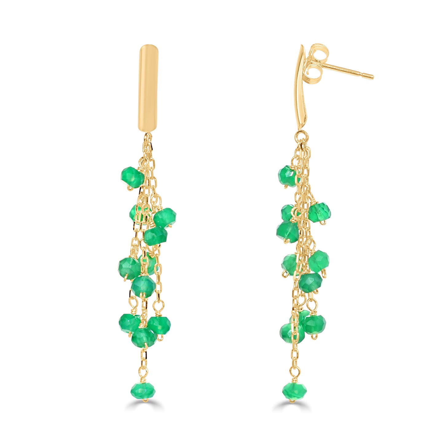 14k Green Onyx/Garnet 3 Row Cluster Dangle Bar Post Earring Green Onyx