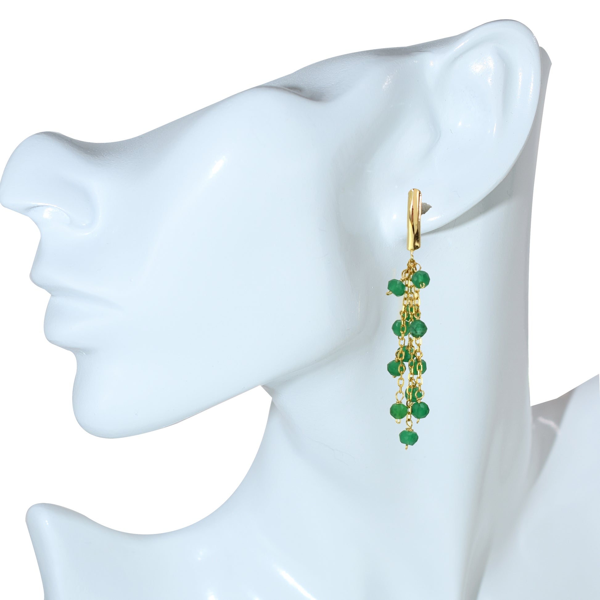 14k Green Onyx/Garnet 3 Row Cluster Dangle Bar Post Earring Green Onyx