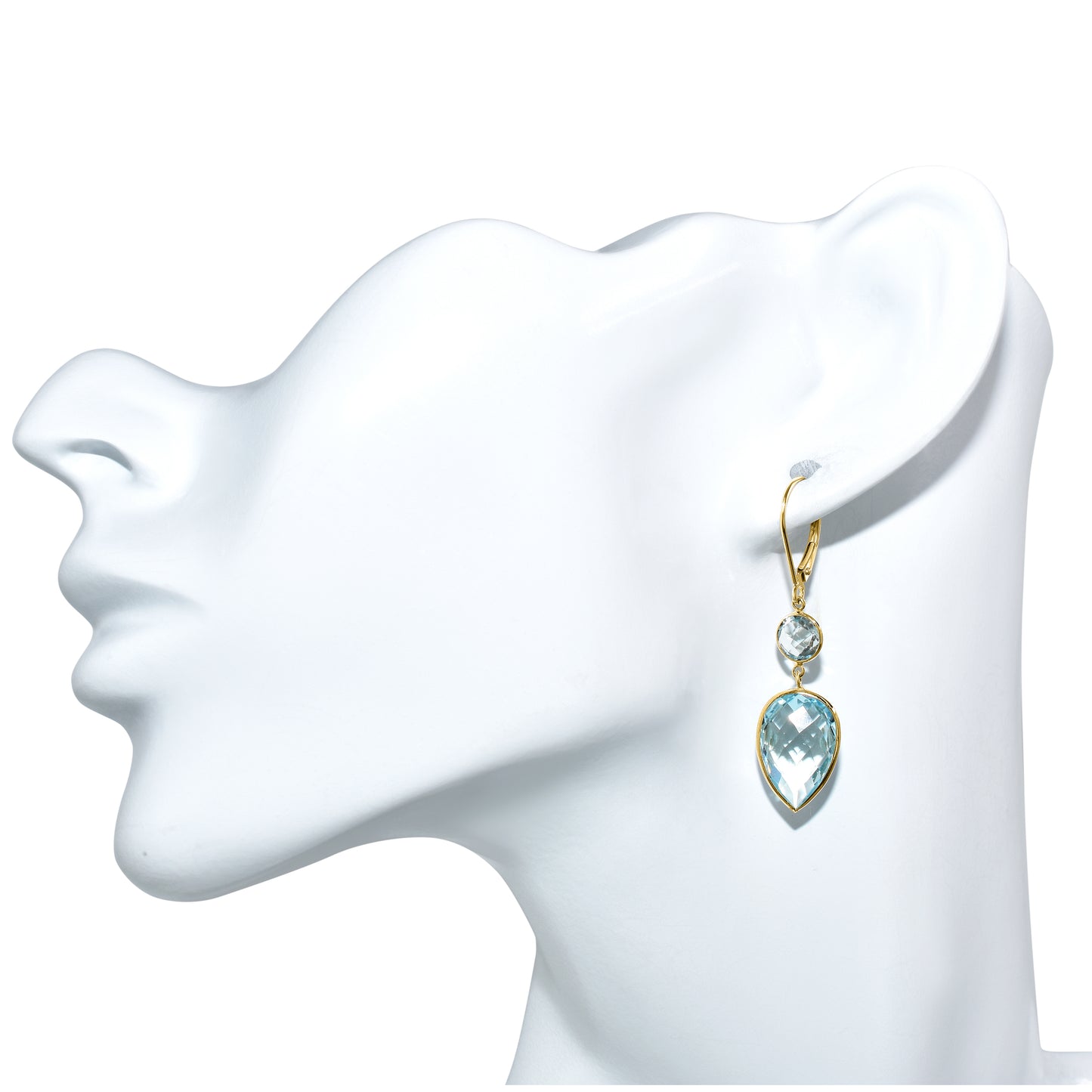 14k Blue Topaz Round Pear Bezel Drop Leverback Earring