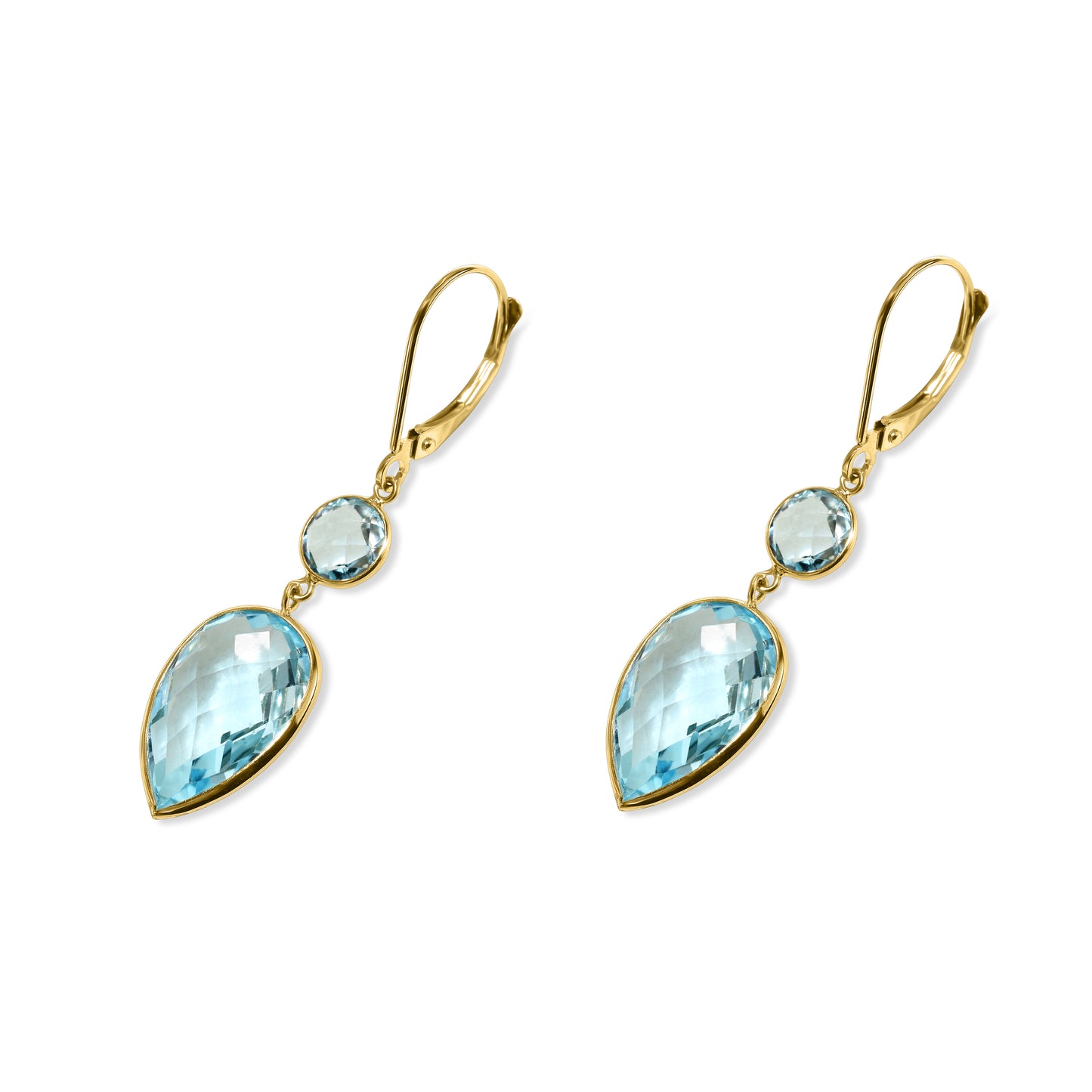 14k Blue Topaz Round Pear Bezel Drop Leverback Earring