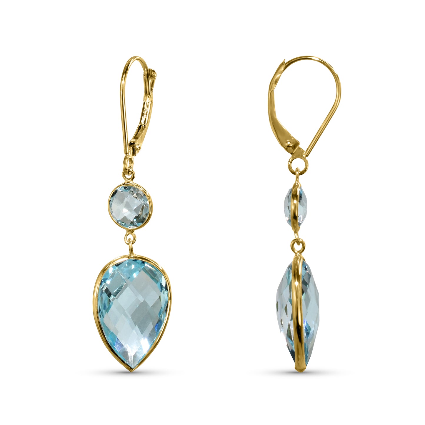 14k Blue Topaz Round Pear Bezel Drop Leverback Earring