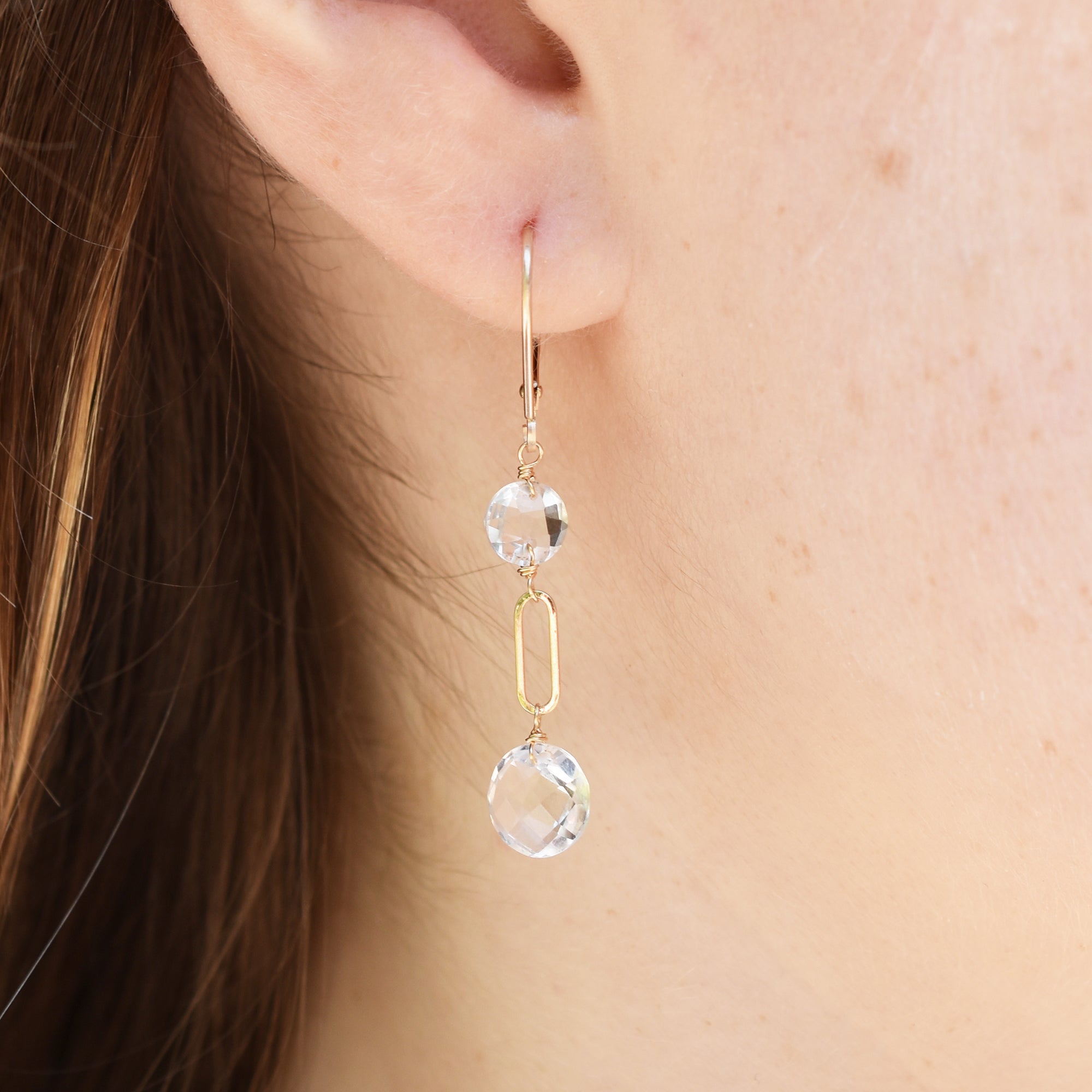 14k Gemstones Coin Shape  Leverback Earring White Topaz