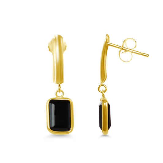 14k Yellow Gold Black Onyx Rectangel Bezel Bar Post Earring