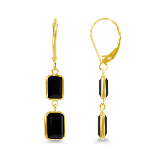 14k Yellow Gold Black Onyx Bezel Double Link Leveback Earrings