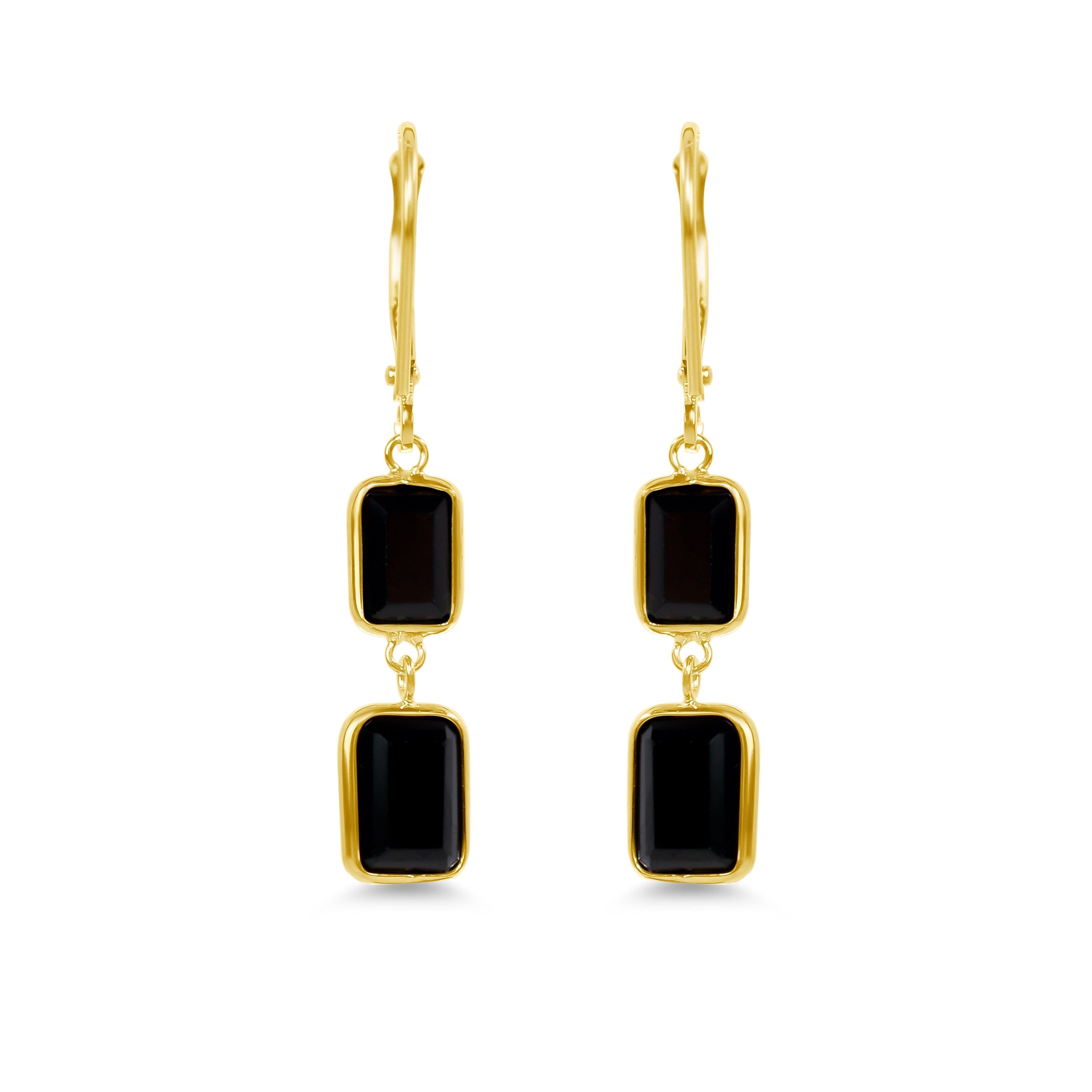 14k Yellow Gold Black Onyx Bezel Double Link Leveback Earrings