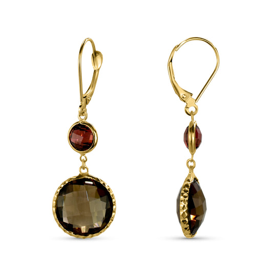 14k Garnet Smoky Quartz Bezel Leverback Earring