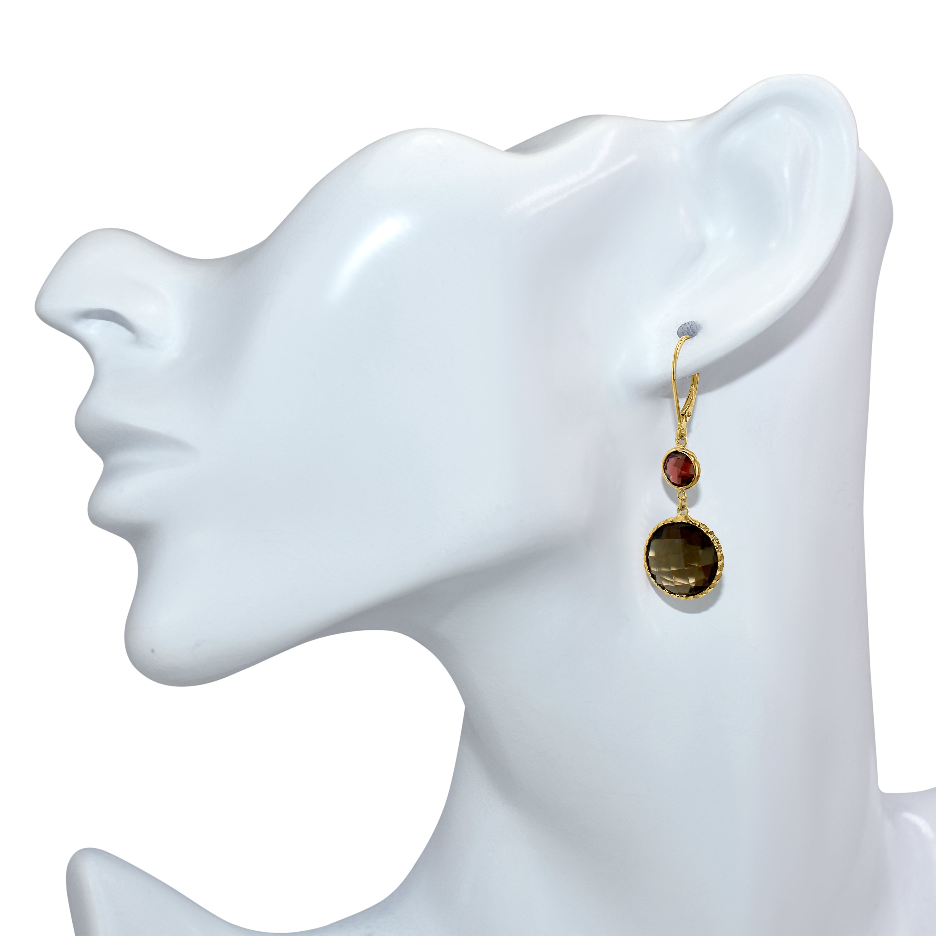 14k Garnet Smoky Quartz Bezel Leverback Earring