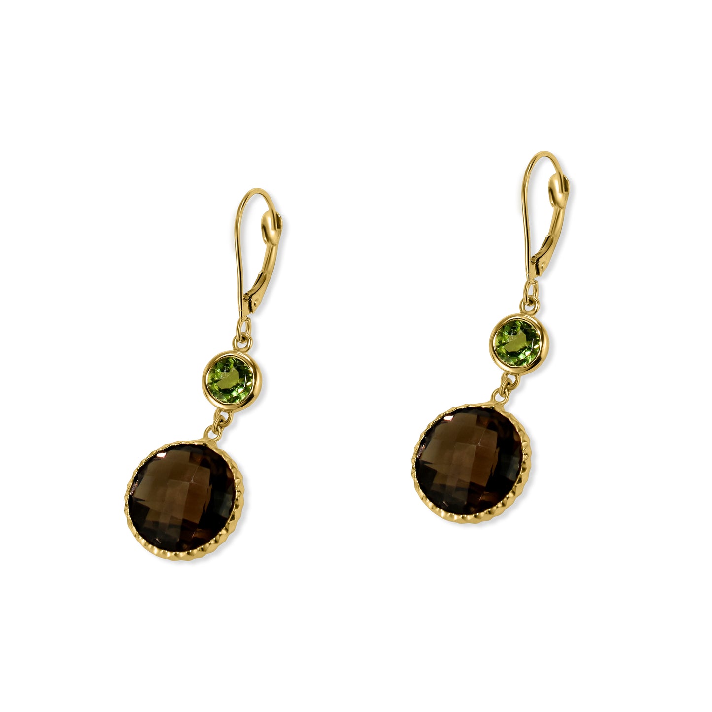 14k Peridot Smoky Quartz Bezel Leverback Earring