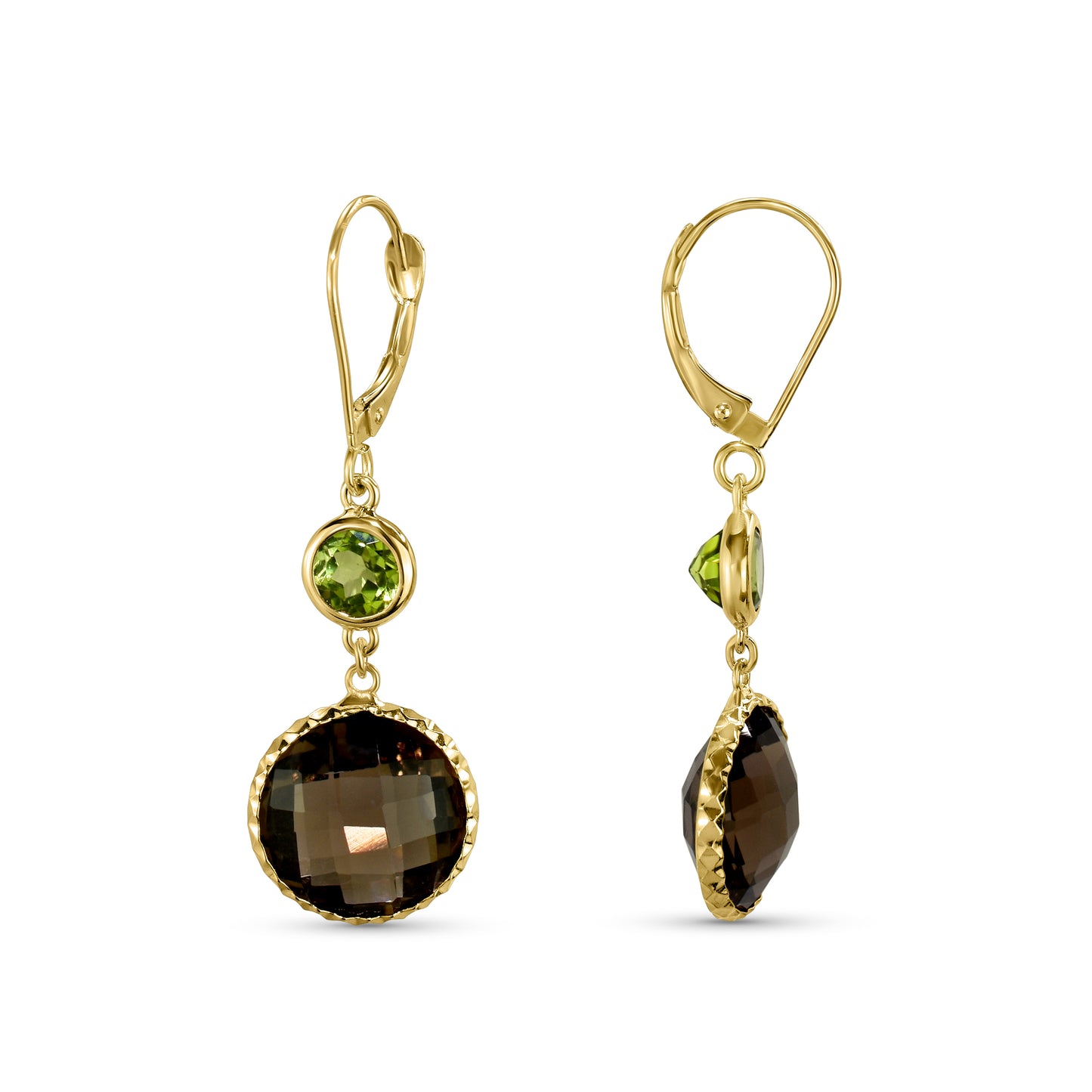 14k Peridot Smoky Quartz Bezel Leverback Earring