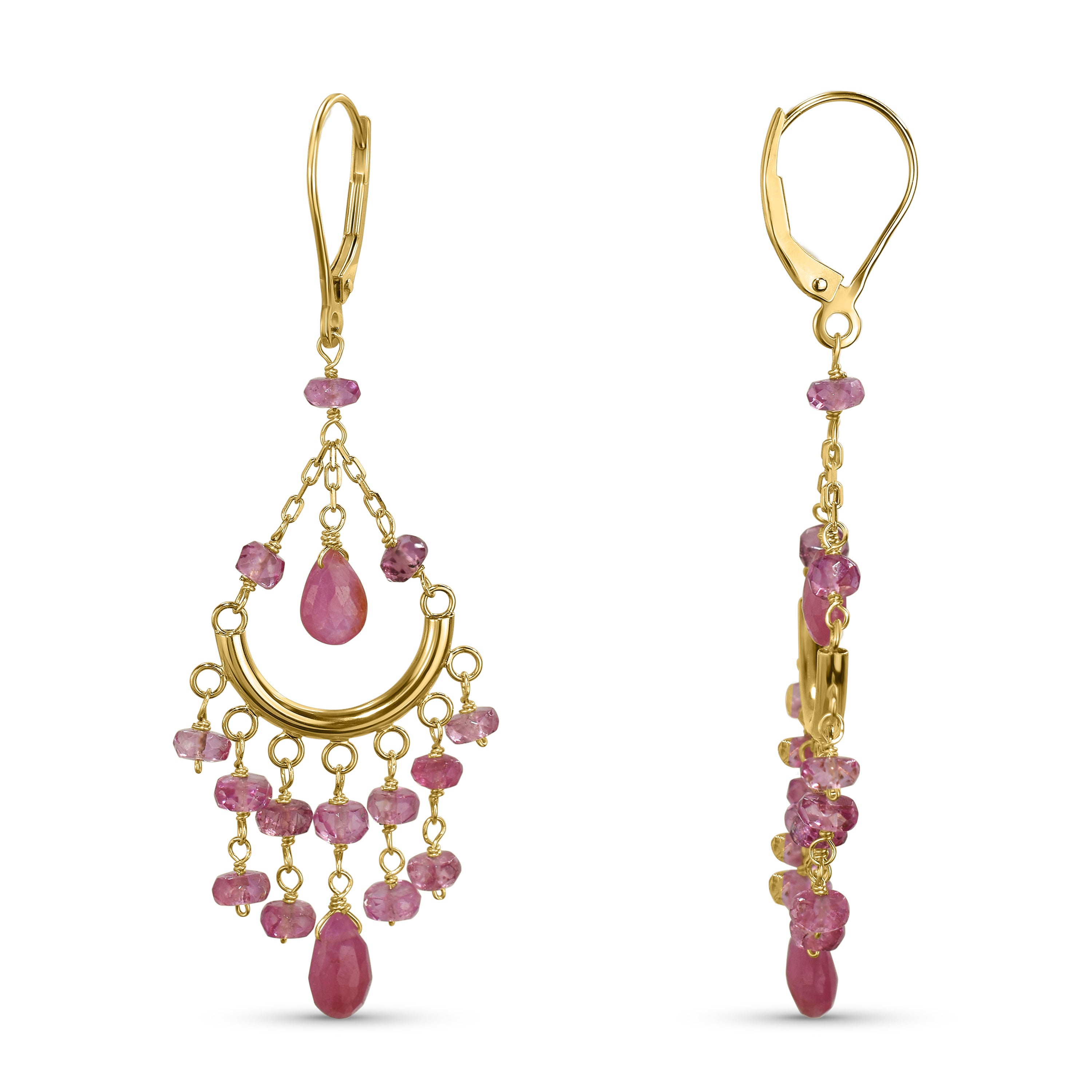 14k Pink Tourmaline Pink Sapphire Chandelier Leverback Earring