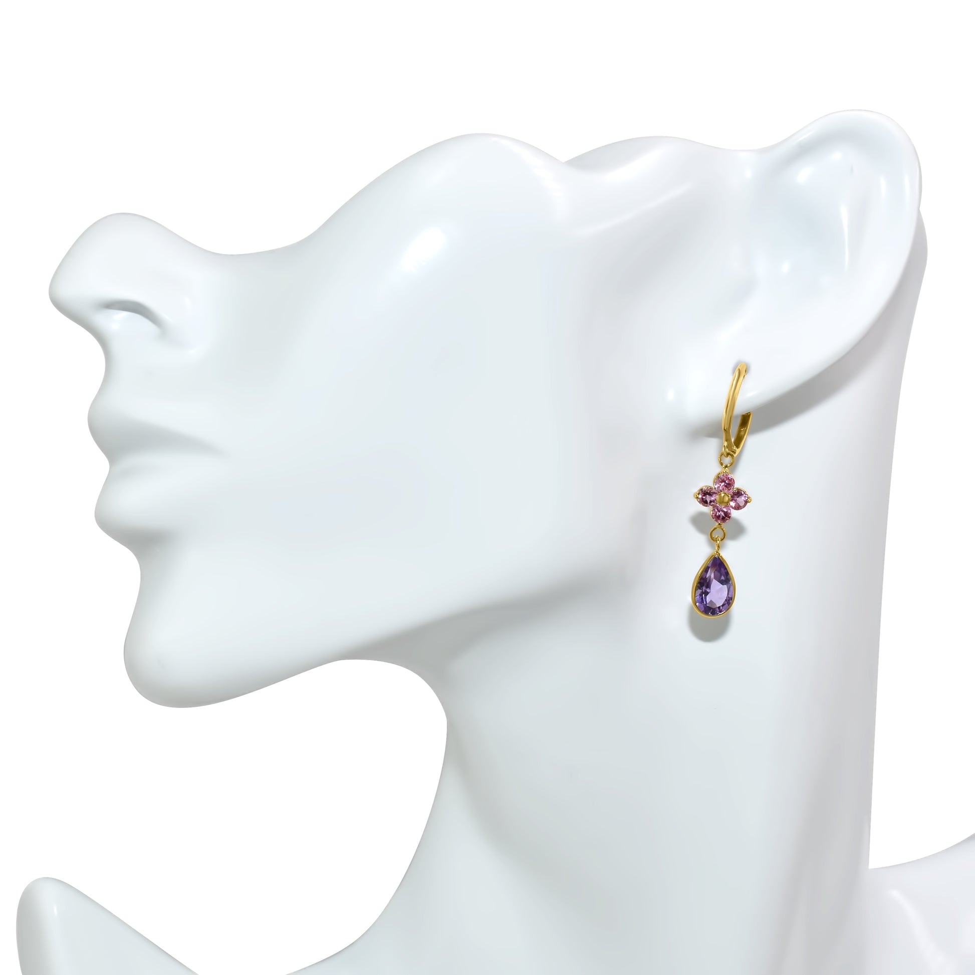 14k Yellow Gold Pink Sapphire and Amethyst Hoop Earring
