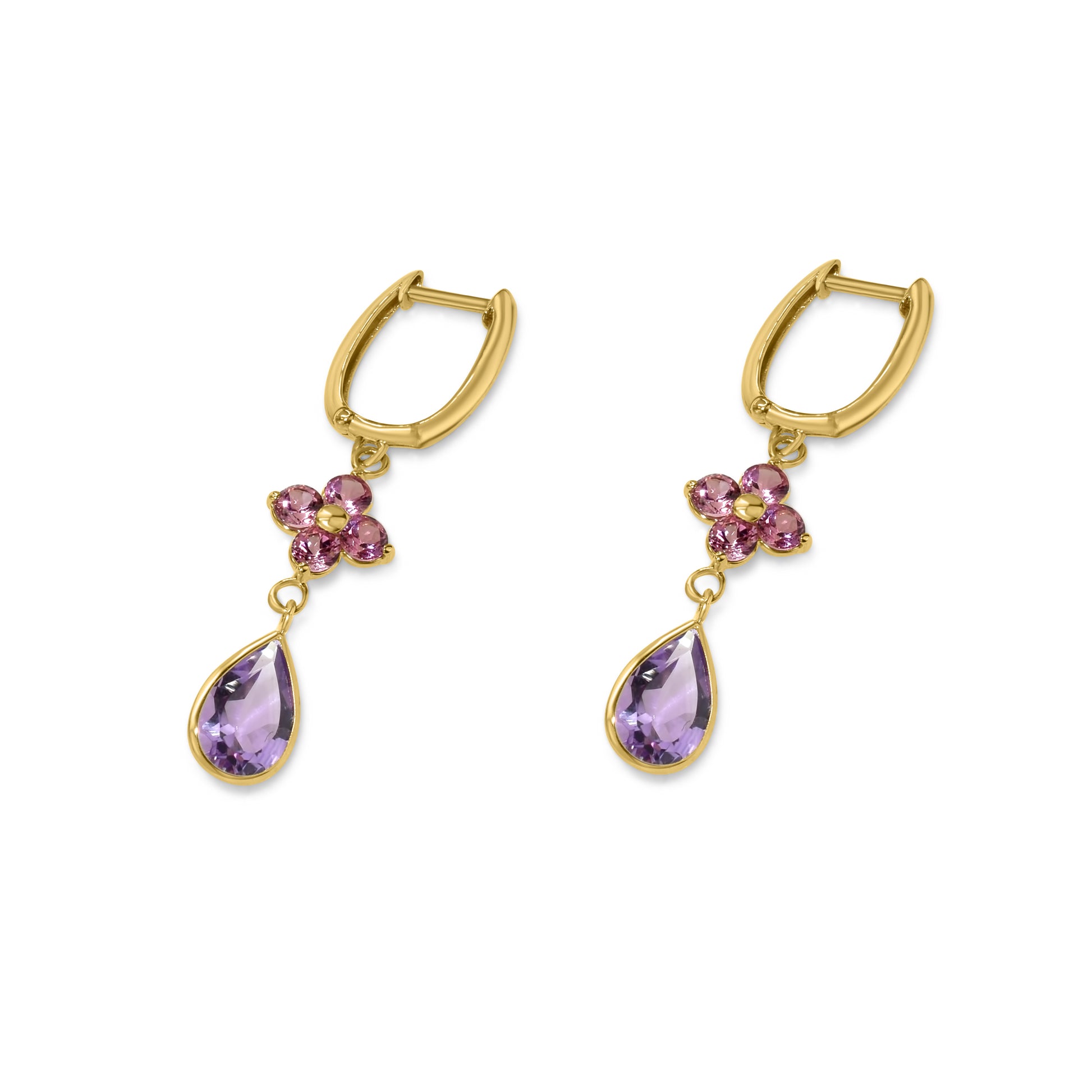 14k Yellow Gold Pink Sapphire and Amethyst Hoop Earring
