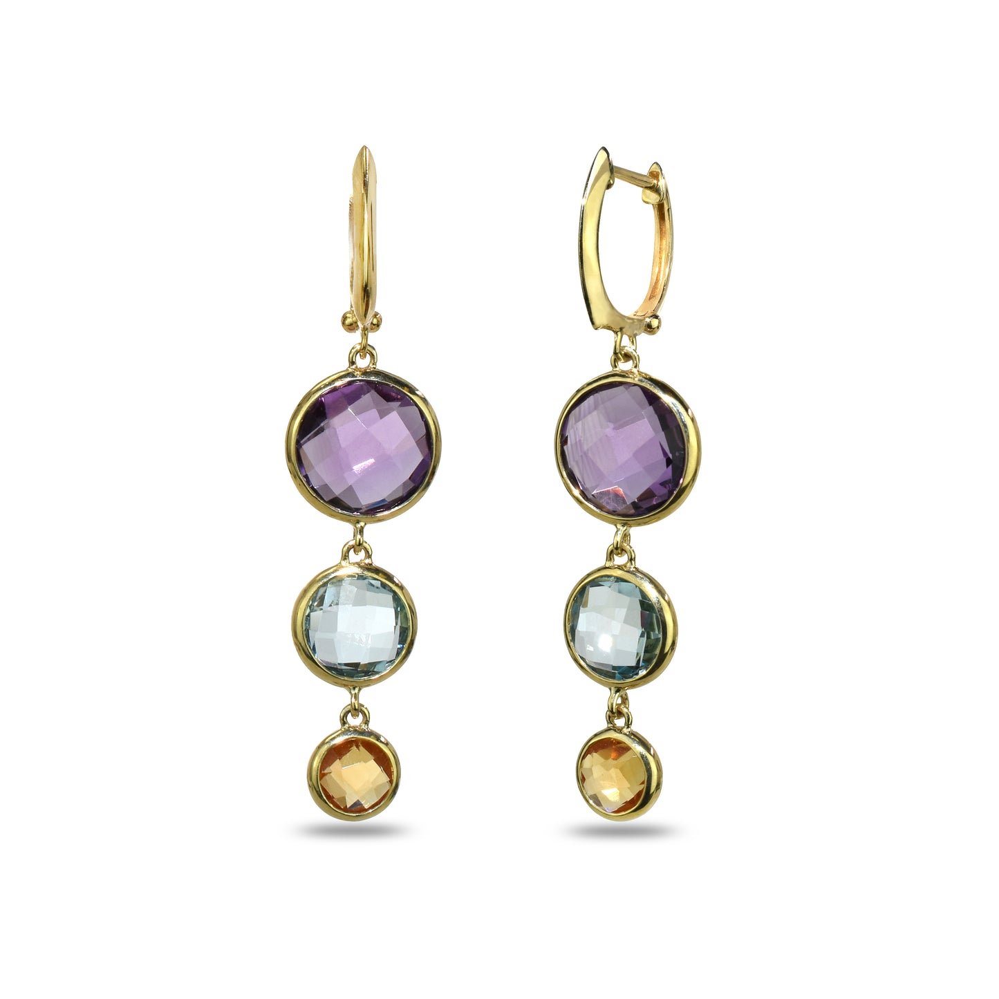 14k Multi-Gemstone Triple Bezel Graduated Hoop Earrings