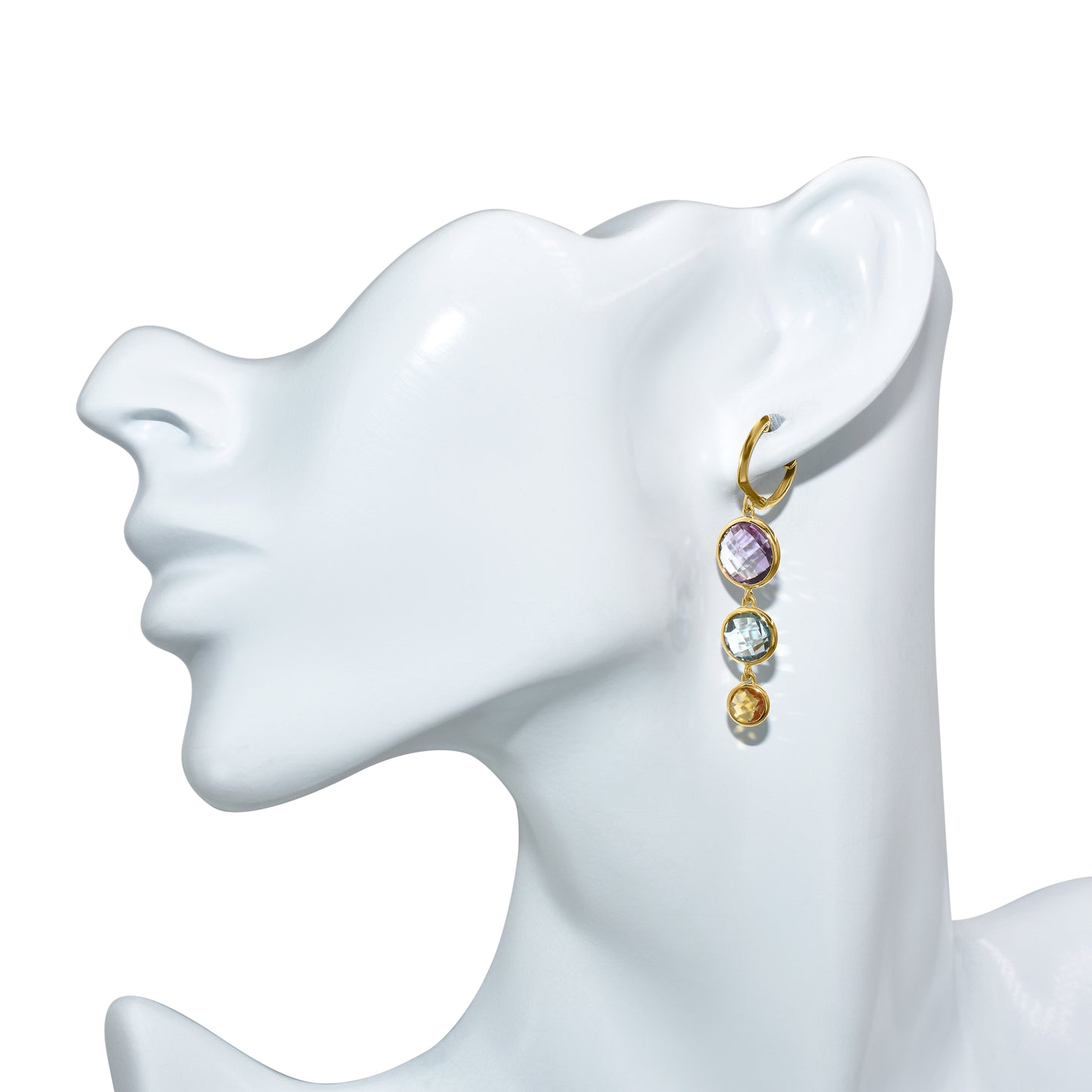 14k Multi Gemstone Triple Rd Bezel Hoop Earring