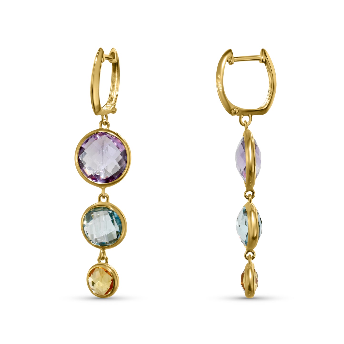 14k Multi Gemstone Triple Rd Bezel Hoop Earring