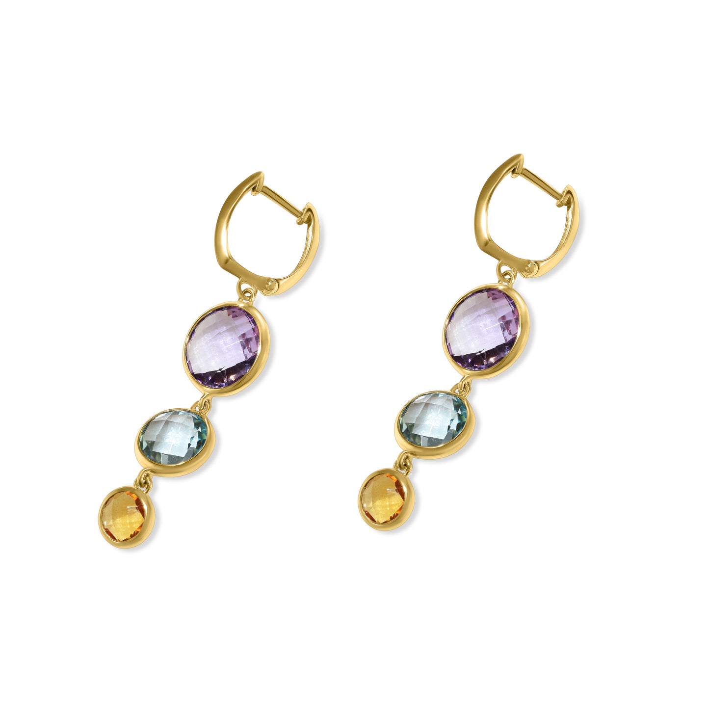 14k Multi Gemstone Triple Rd Bezel Hoop Earring