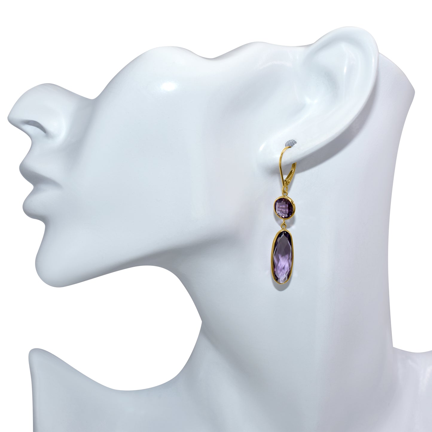 14k Amethyst Round and Oval Bezel Leverback Earring