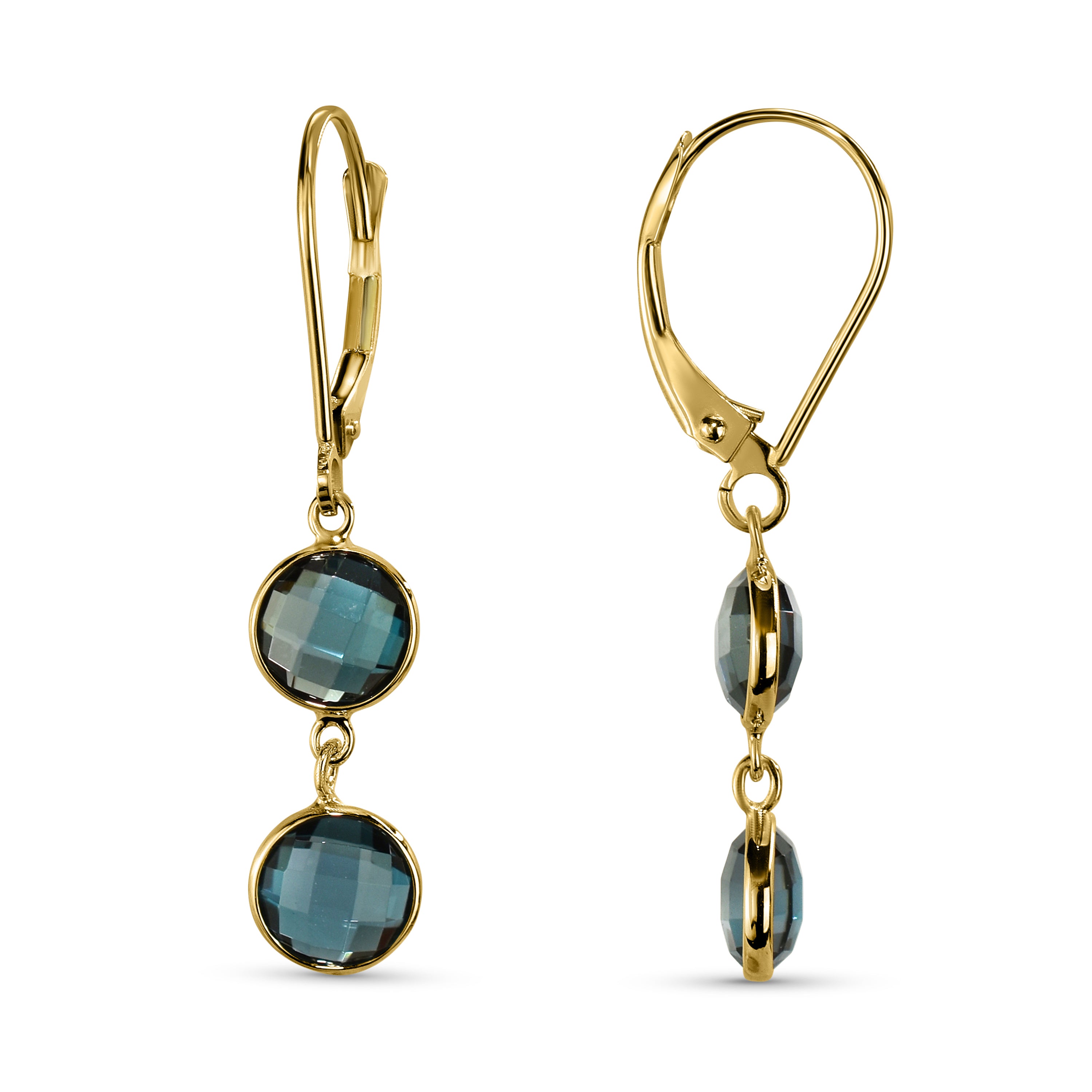 14k London Blue Topaz Double Round Bezel Leverback Earring