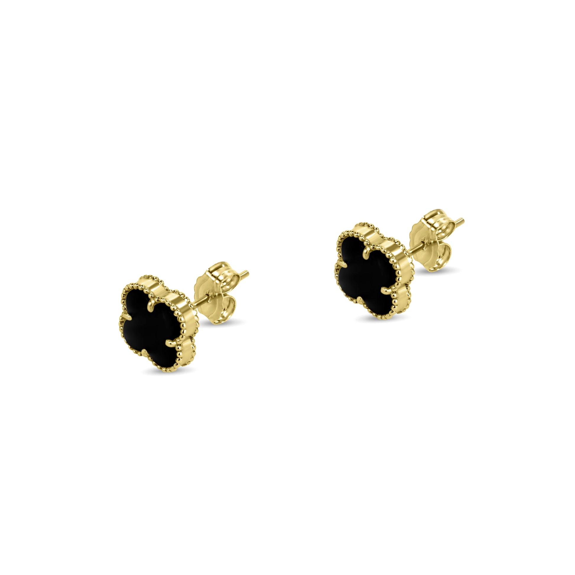 14k Yellow Gold Black Onyx Clover Post Earrings
