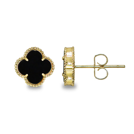 14k Yellow Gold Black Onyx Clover Post Earrings