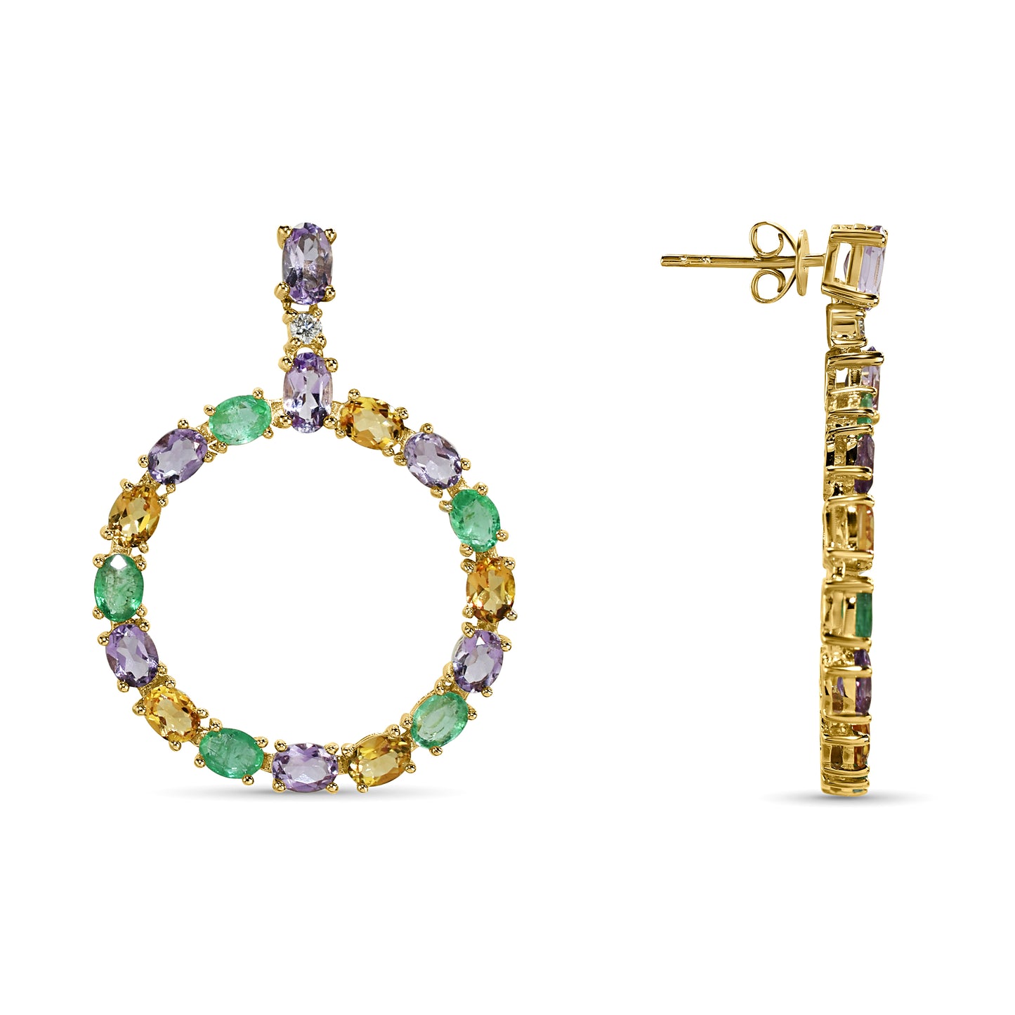 14k Multi Gemstone Diamond Open Circle Post Eearring