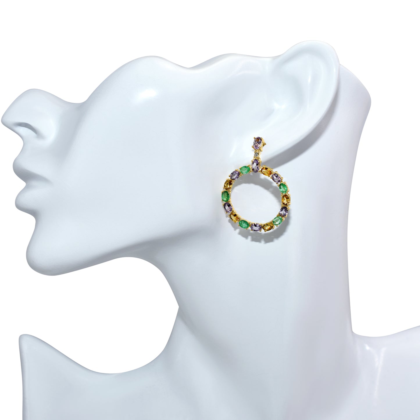 14k Multi Gemstone Diamond Open Circle Post Eearring