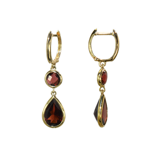 14k Garnet Round/Pear Bezel Hoop Earring