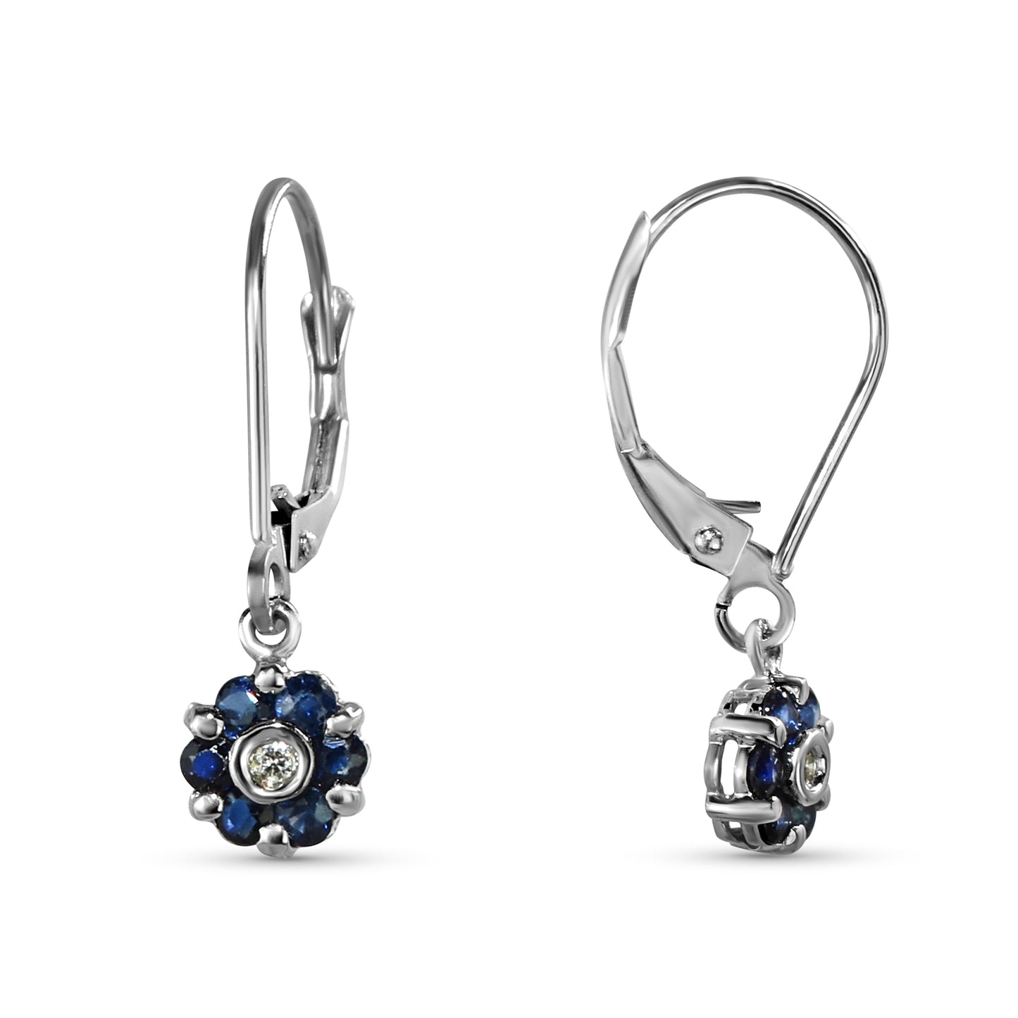 14k White Gold Sapphire Diamond Small Flower Leverback Earring