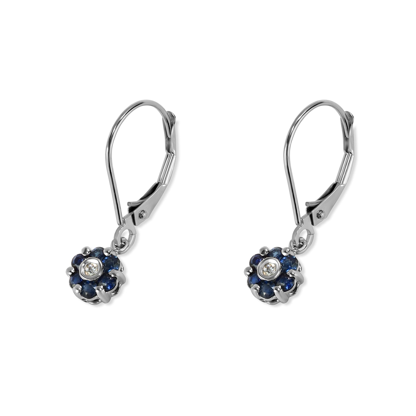 14k White Gold Sapphire Diamond Small Flower Leverback Earring