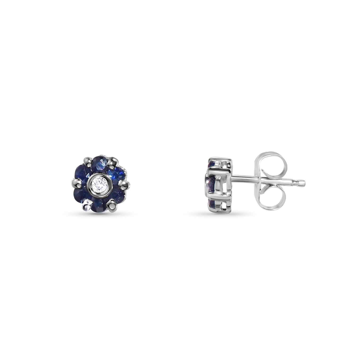 14k White Gold Sapphire Diamond Small Flower Post Earring