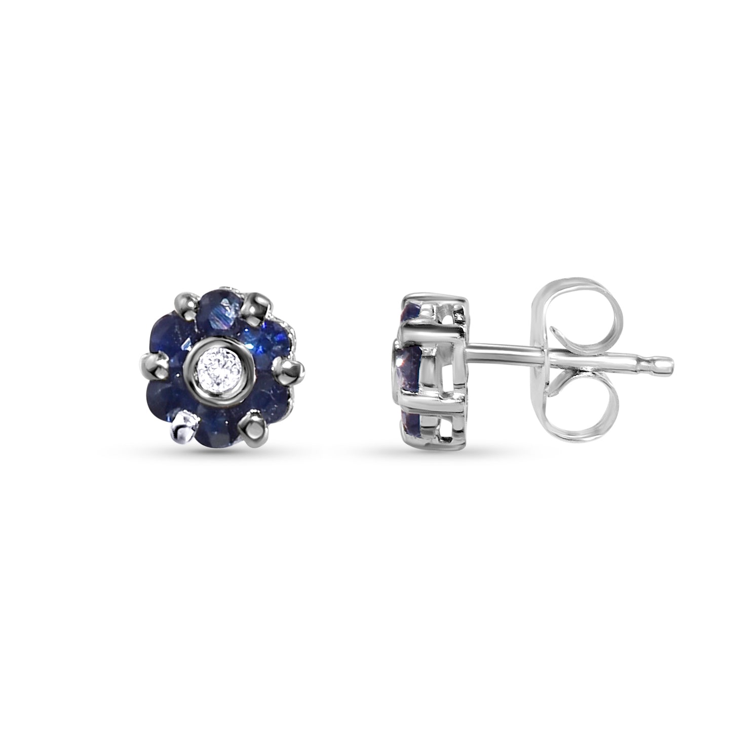 14k White Gold Sapphire Diamond Small Flower Post Earring