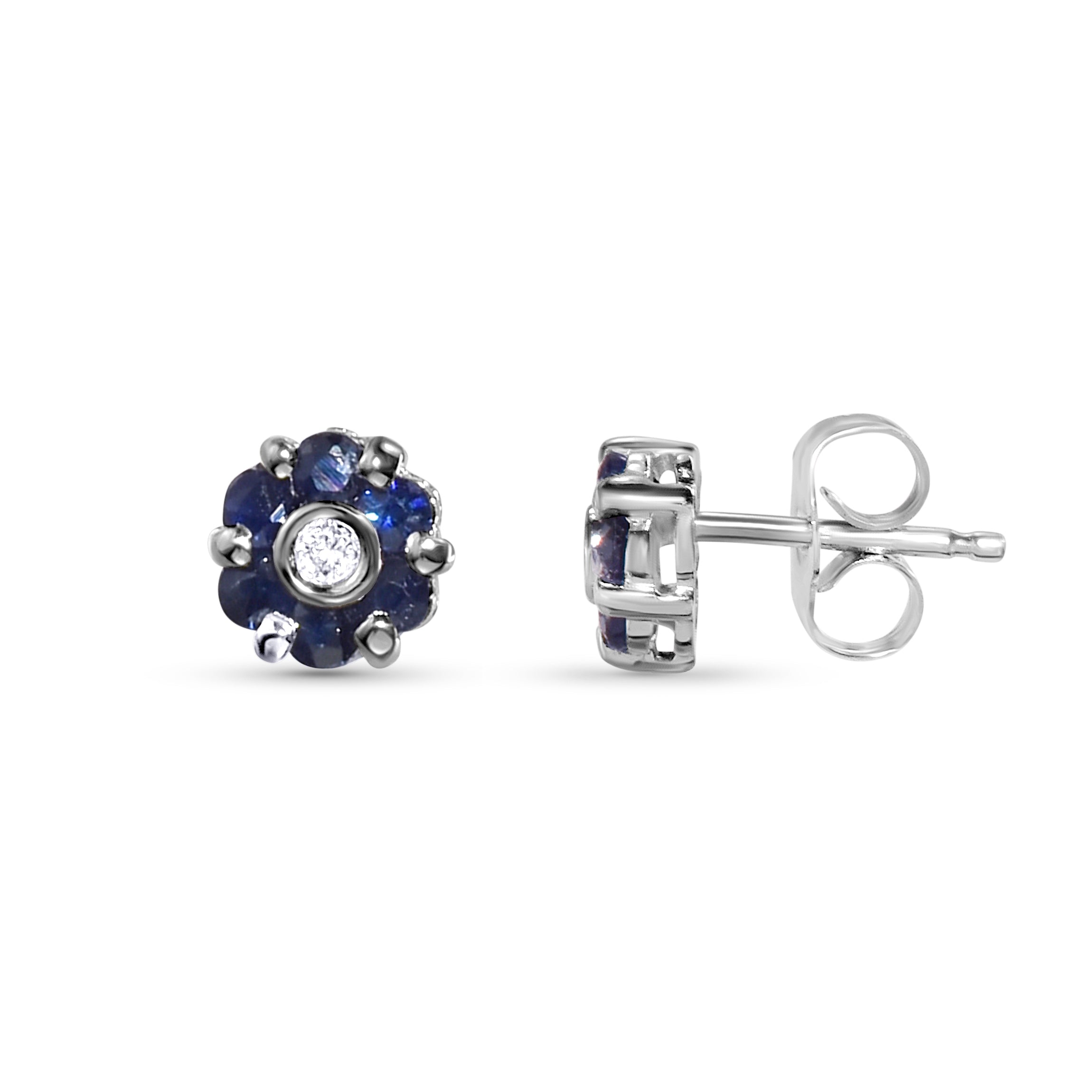 14k White Gold Sapphire Diamond Small Flower Post Earring