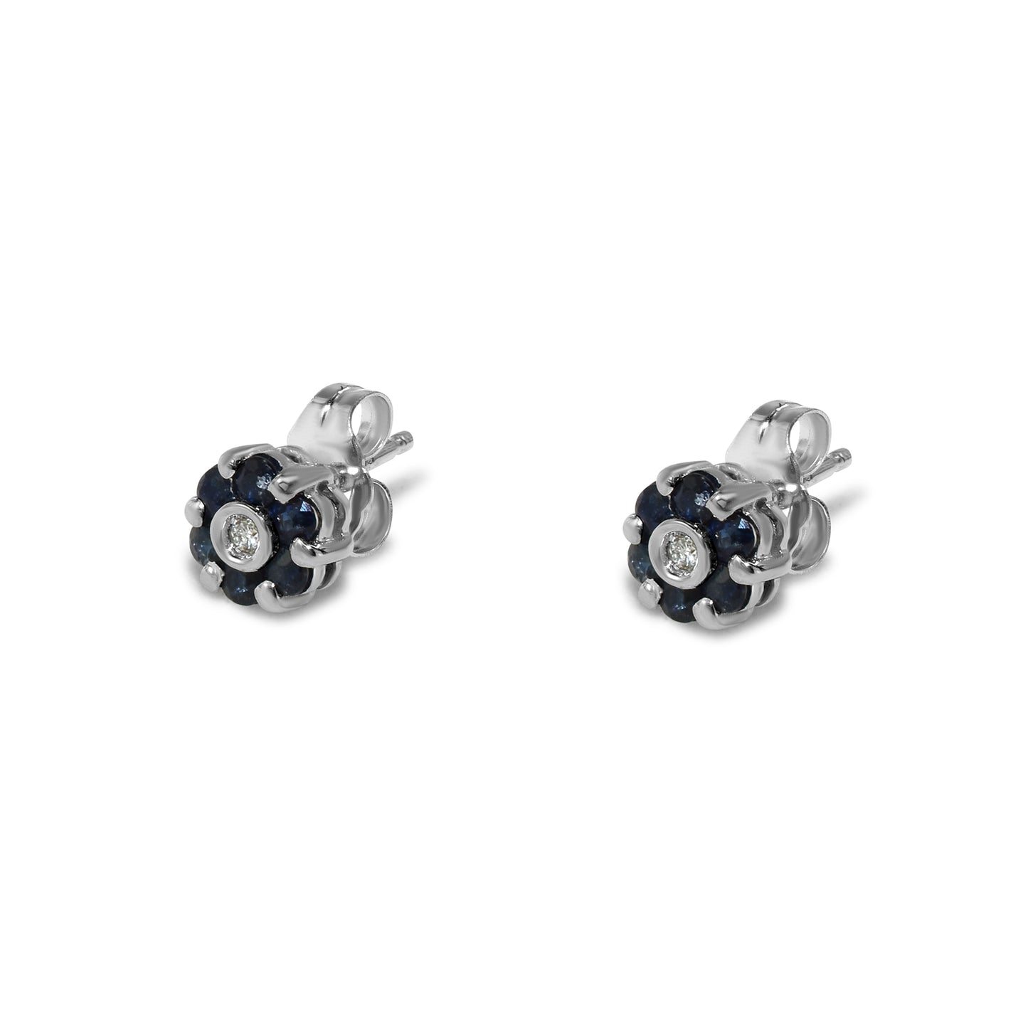 14k White Gold Sapphire Diamond Small Flower Post Earring