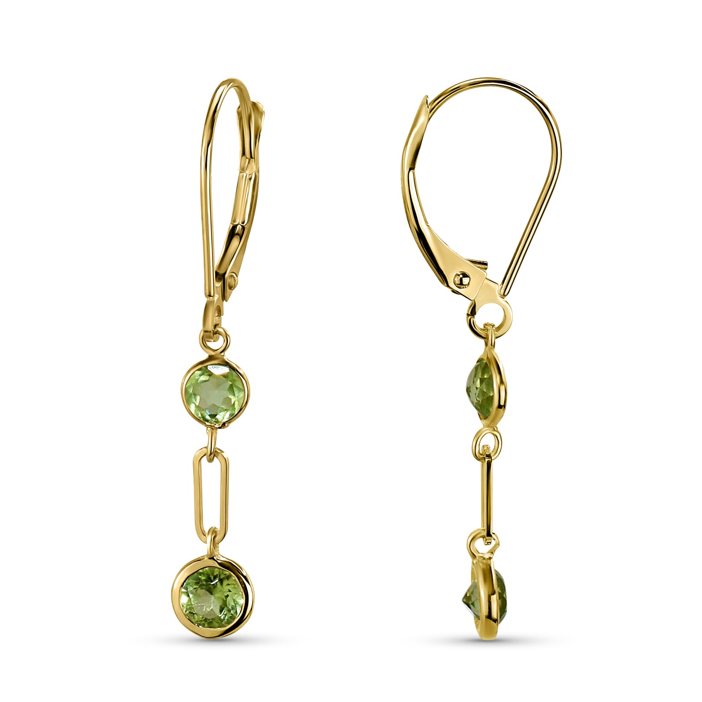 14k Peridot Round Bezel Paperclip Dangle Leverback Earring