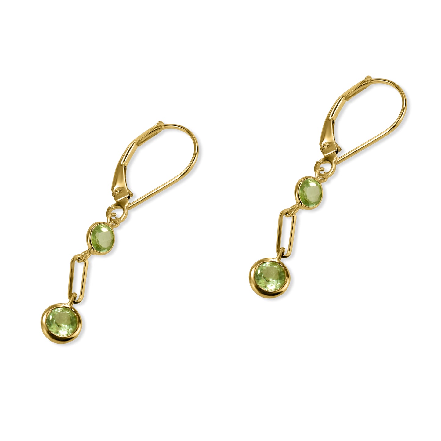 14k Peridot Round Bezel Paperclip Dangle Leverback Earring