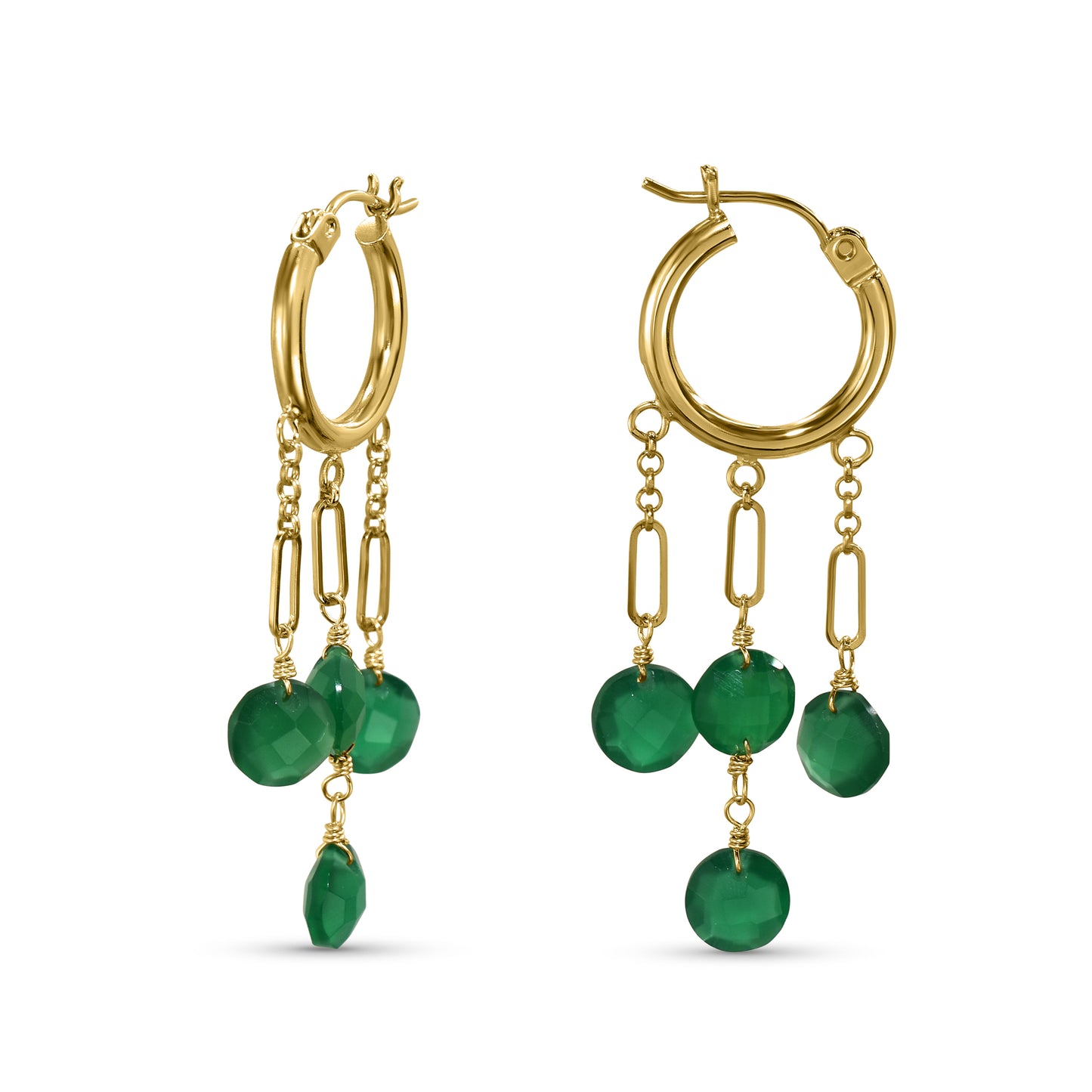 14k Green Onyx 3-Line Drop Open Hoop Earring