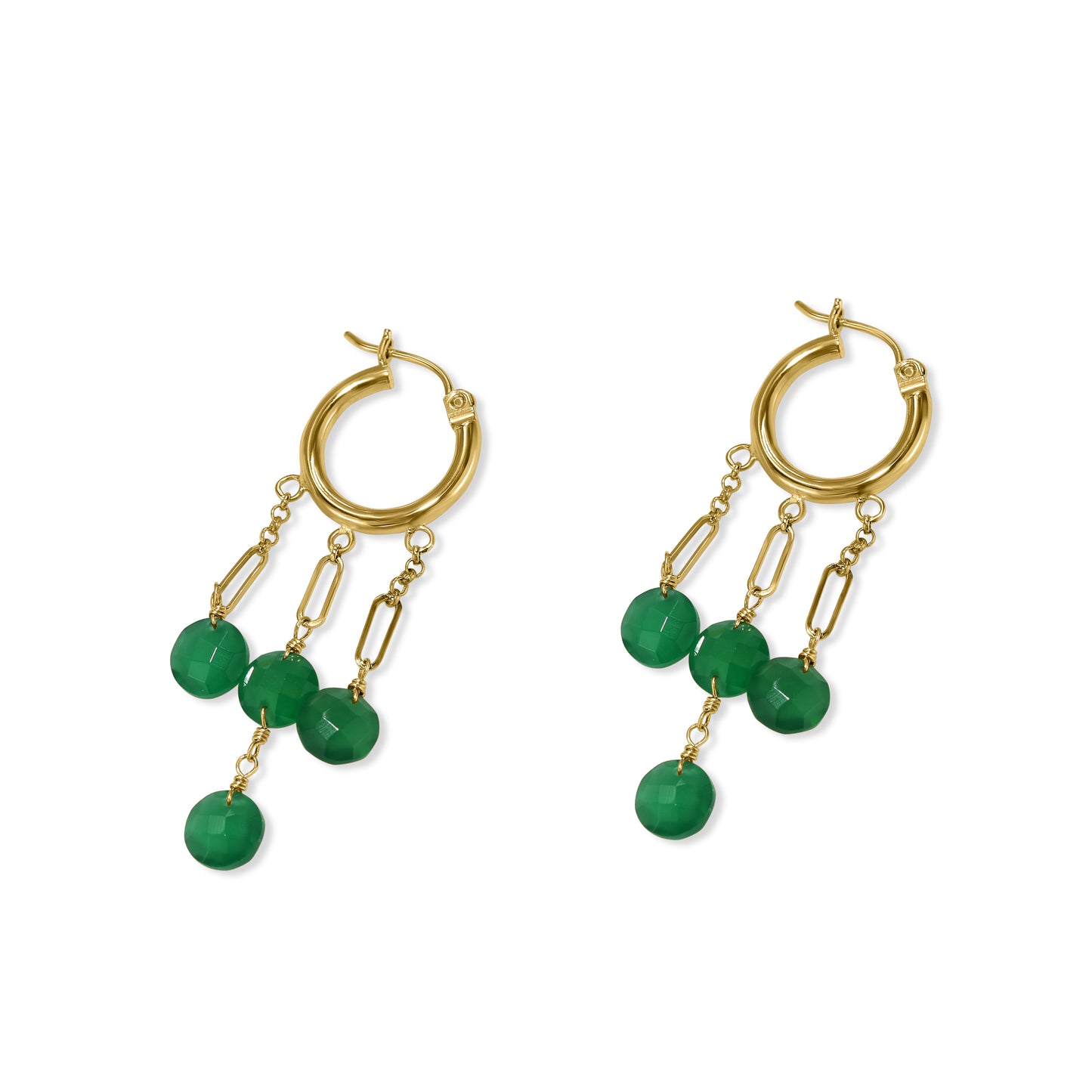 14k Green Onyx 3-Line Drop Open Hoop Earring