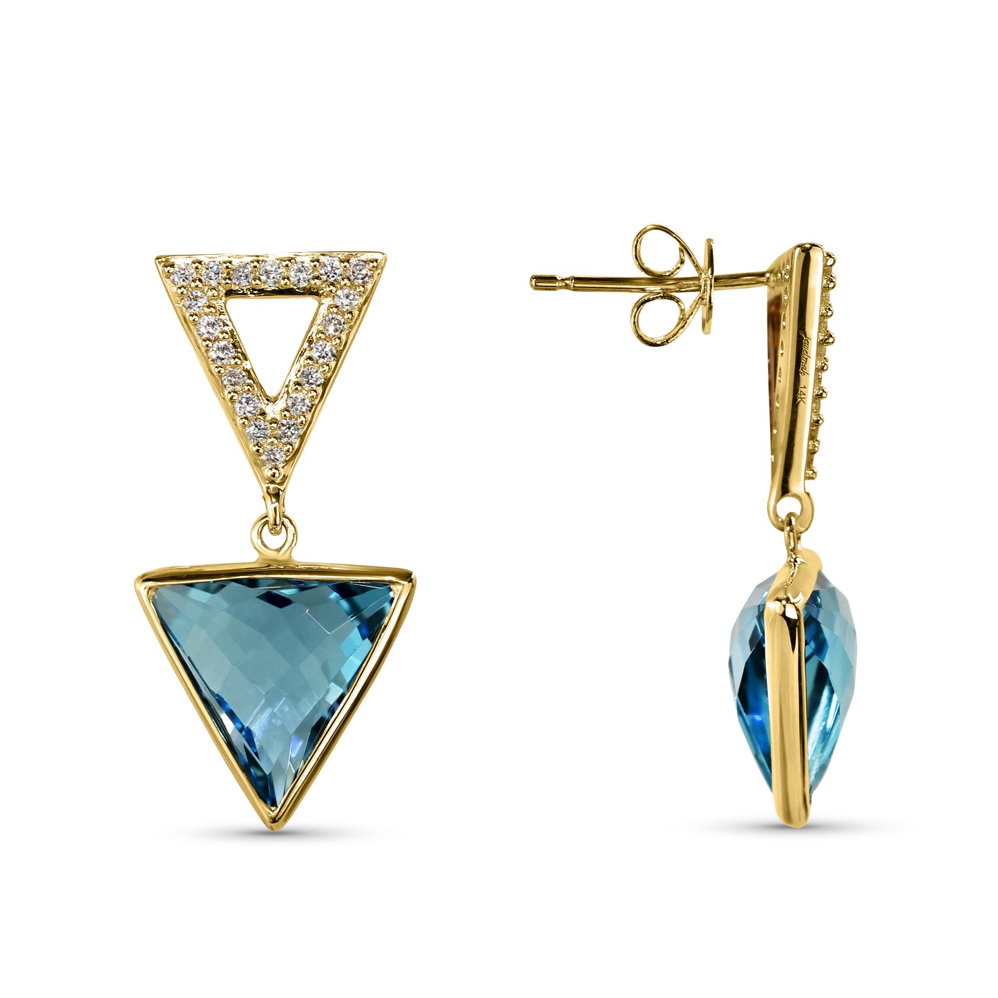 14k Swiss Blue Topaz Diamond Open Triangle Post Earring