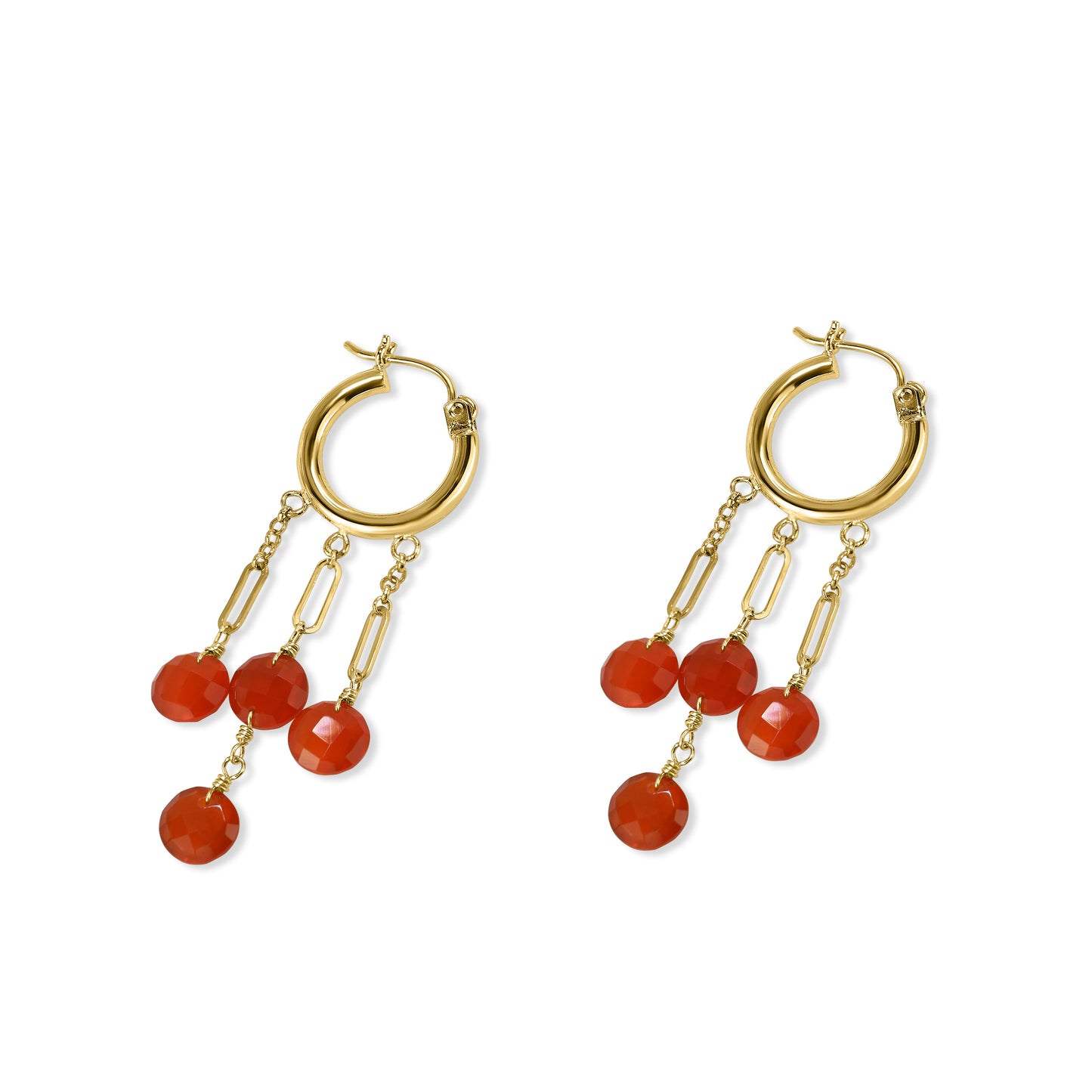 14k Carnelian 3-Line Drop Open Hoop Earring