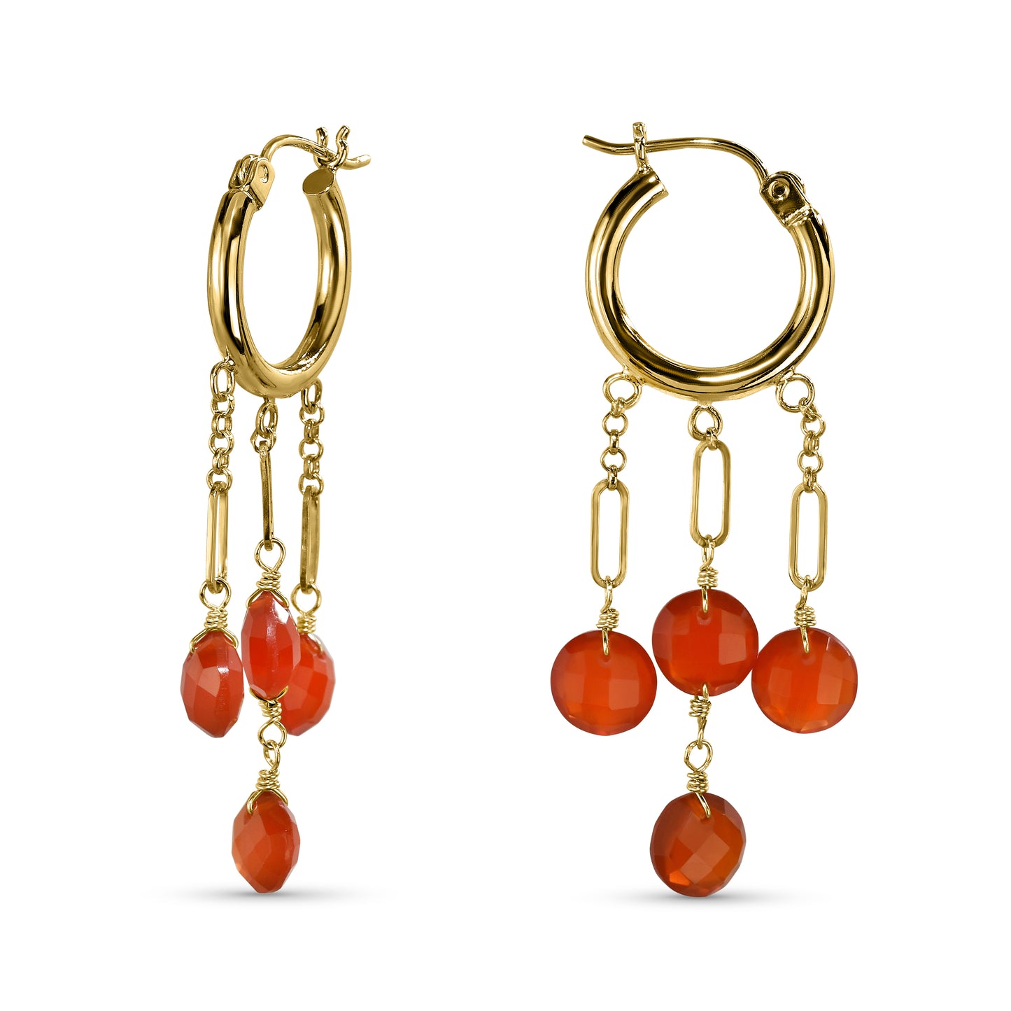 14k Carnelian 3-Line Drop Open Hoop Earring